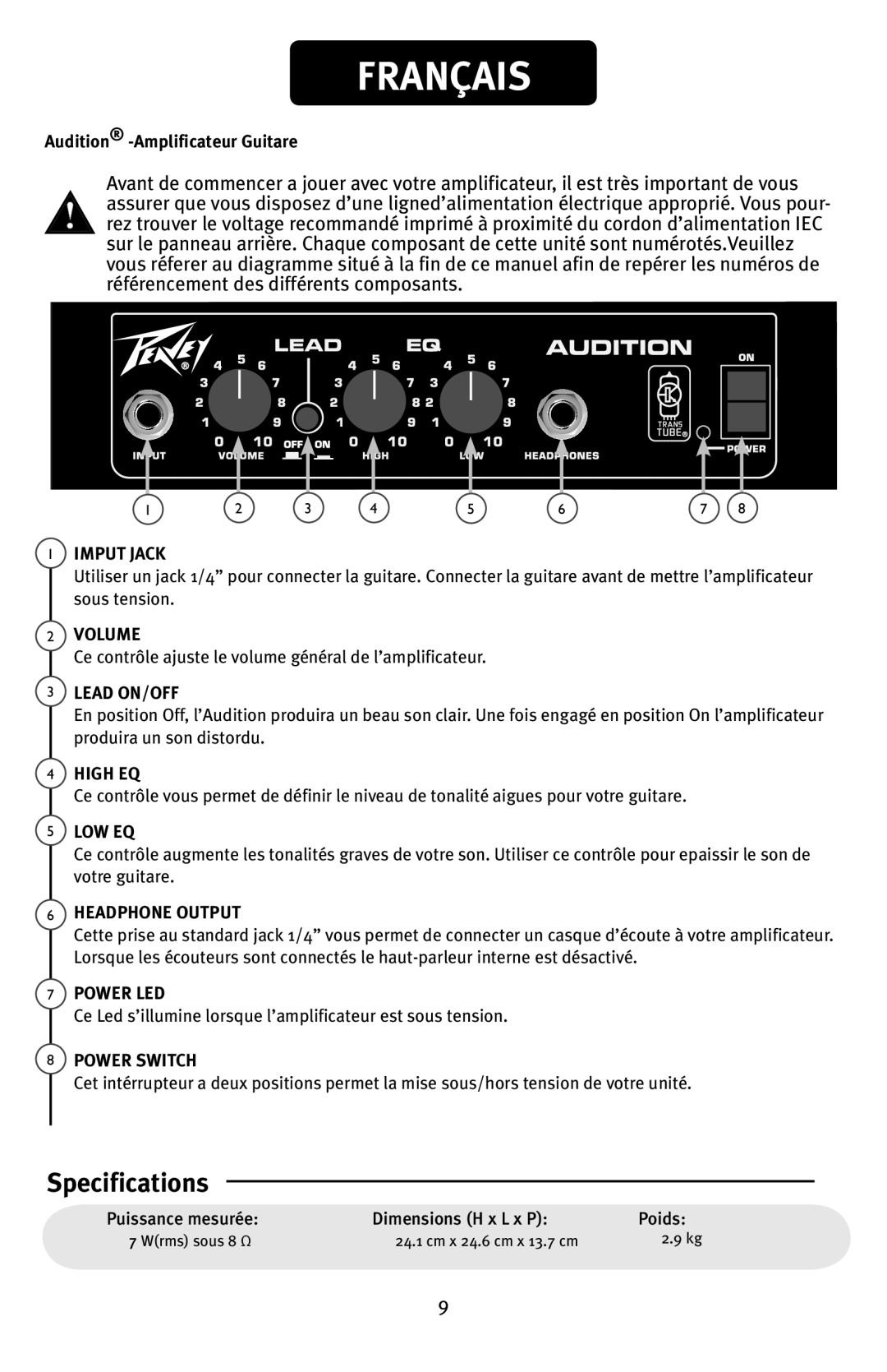 Peavey Audition manual Français, Imput Jack 