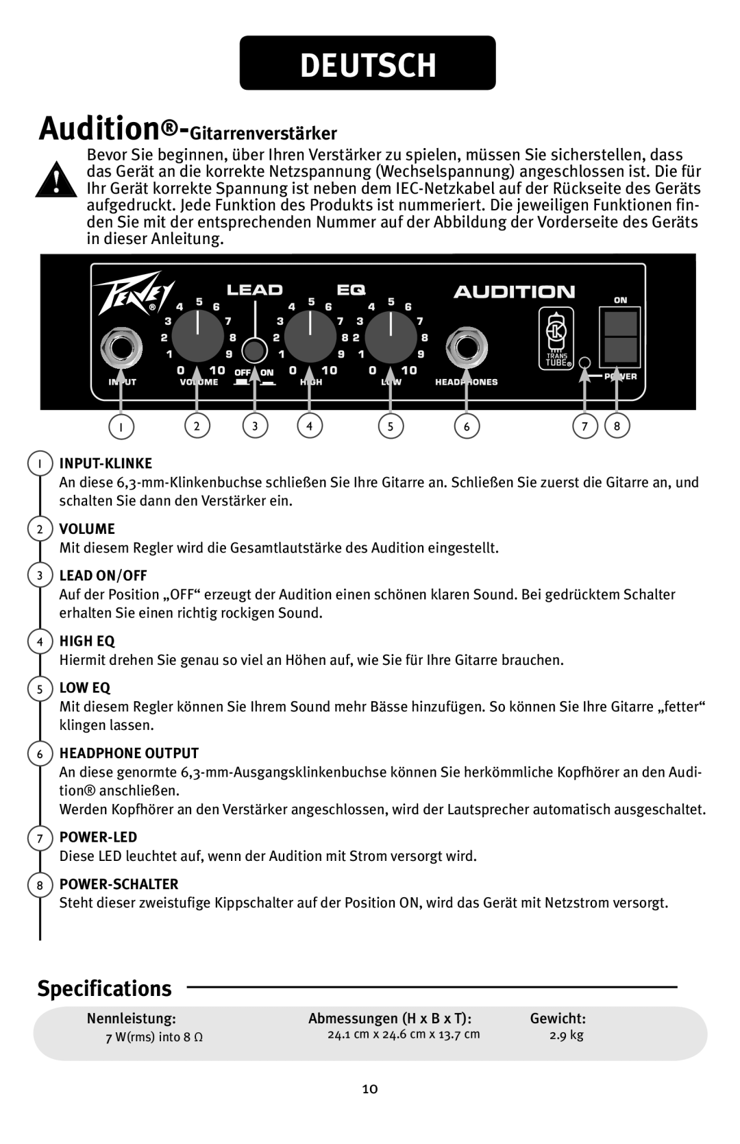 Peavey manual Deutsch, Audition-Gitarrenverstärker, 1INPUT-KLINKE, 7POWER-LED, 8POWER-SCHALTER, Specifications, 2VOLUME 