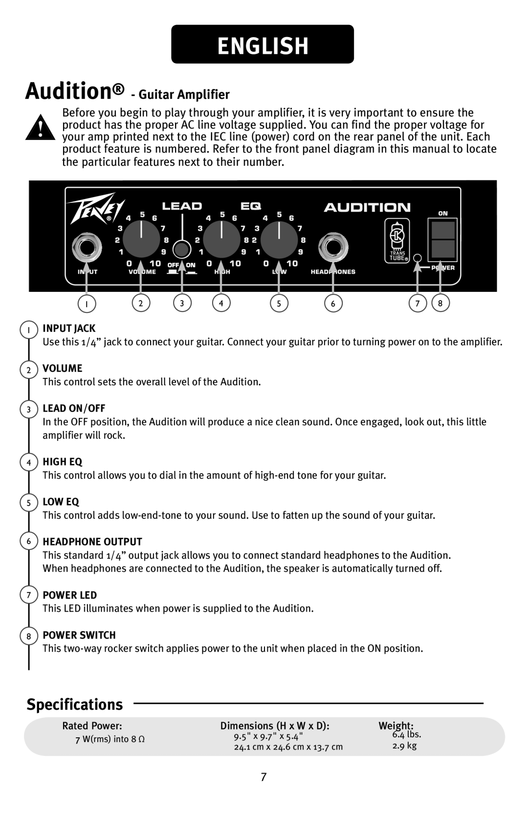 Peavey manual English, Specifications, Audition - Guitar Amplifier, 1INPUT JACK, Volume, Lead On/Off, 4HIGH EQ, 5LOW EQ 