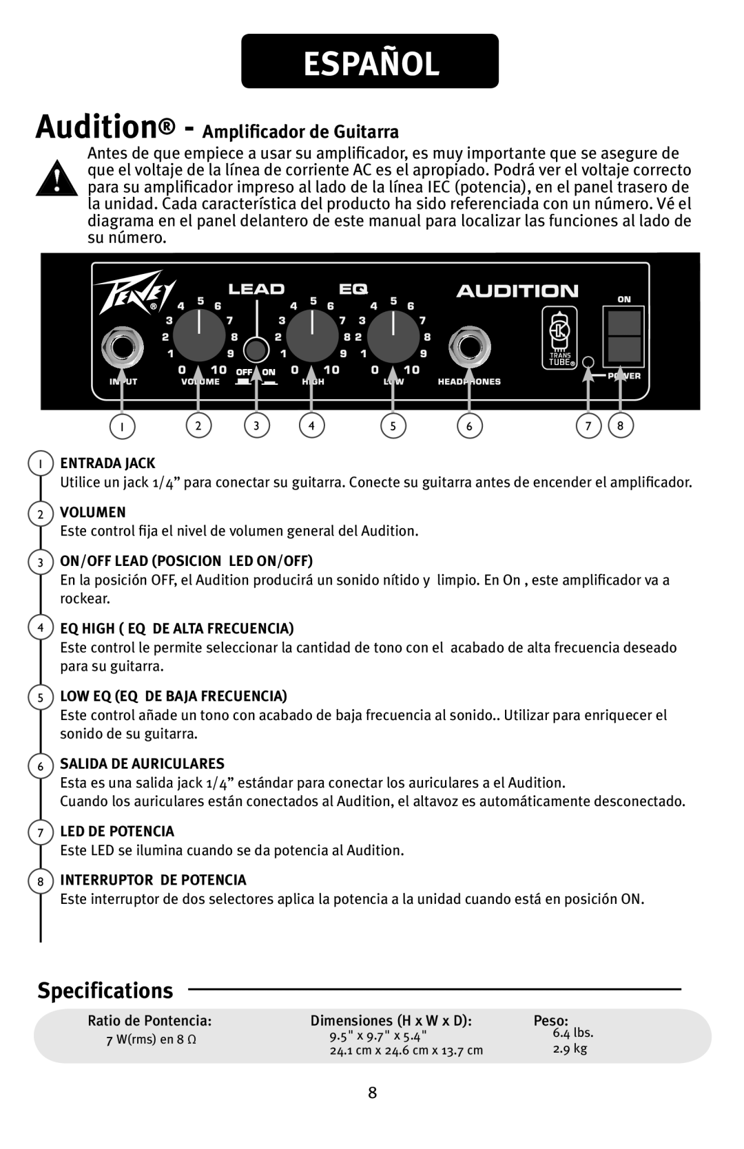 Peavey manual Español, Audition - Amplificador de Guitarra, Entrada Jack, Volumen, 3ON/OFF LEAD POSICION LED ON/OFF 