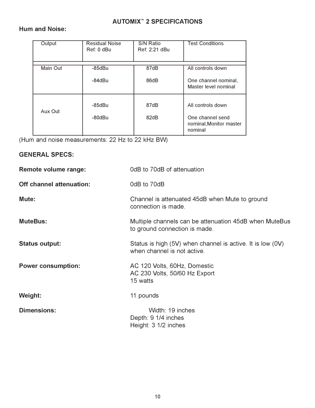 Peavey Automix2 manual General Specs 