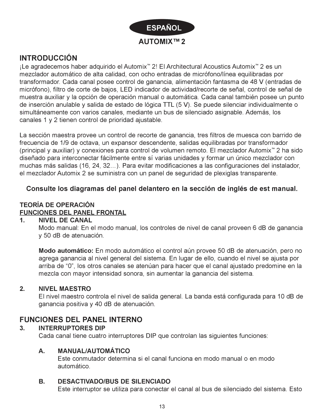 Peavey Automix2 Funciones DEL Panel Interno, Funciones DEL Panel Frontal Nivel DE Canal, Nivel Maestro, Interruptores DIP 