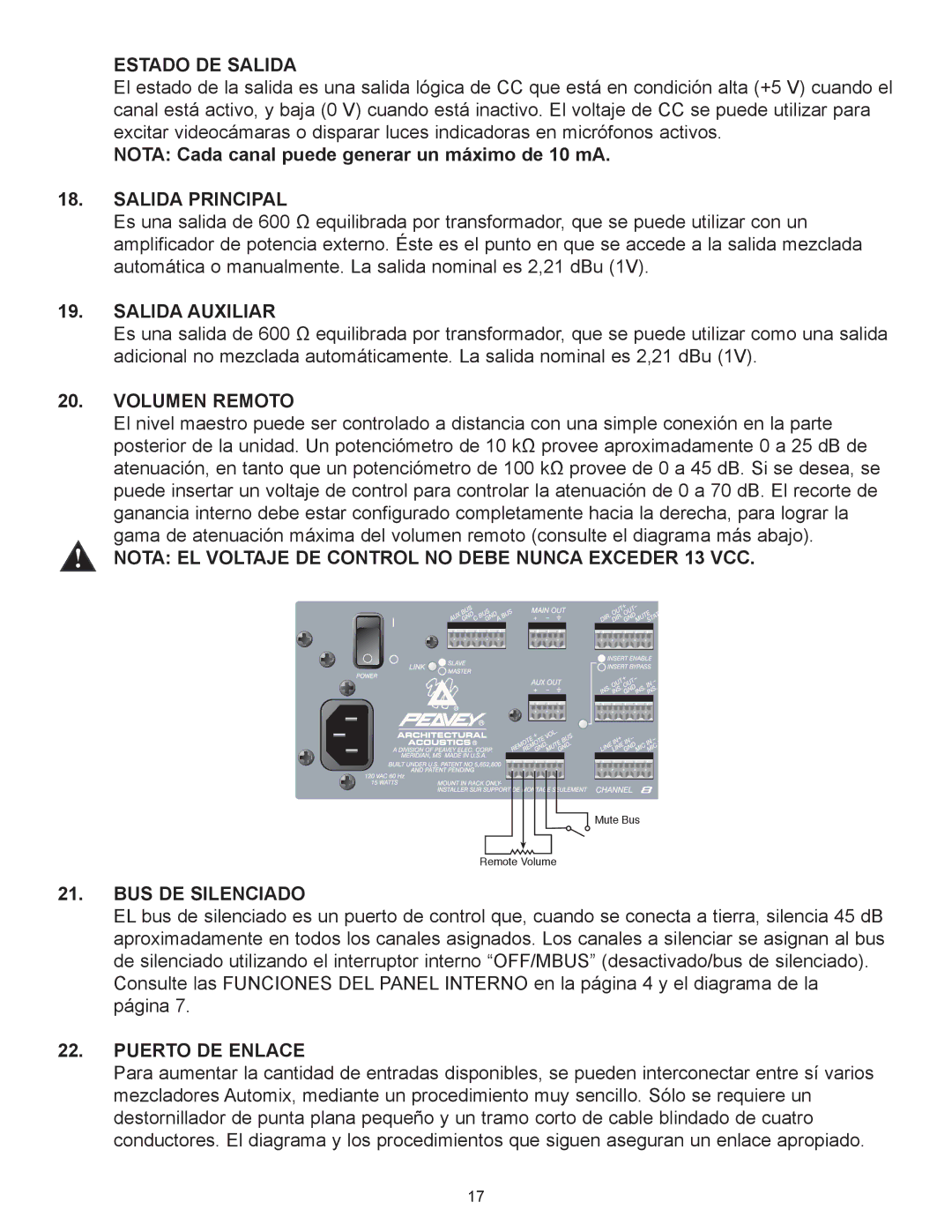 Peavey Automix2 Estado DE Salida, Salida Principal, Salida Auxiliar, Volumen Remoto, BUS DE Silenciado, Puerto DE Enlace 