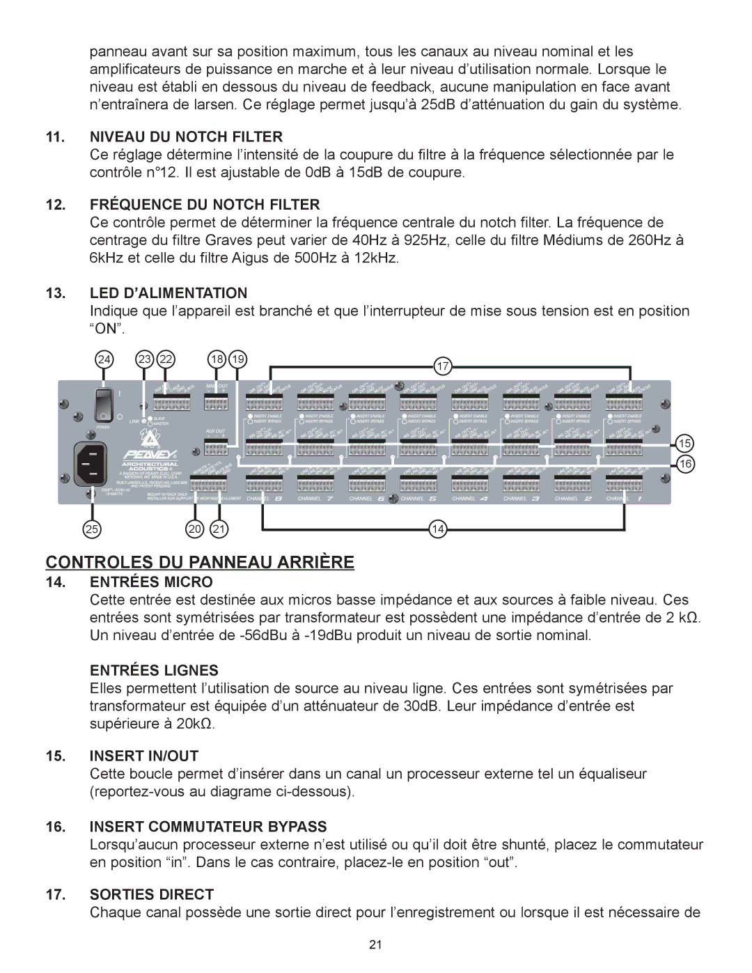 Peavey Automix2 manual Niveau DU Notch Filter, LED Dõalimentation, Insert Commutateur Bypass, Sorties Direct 