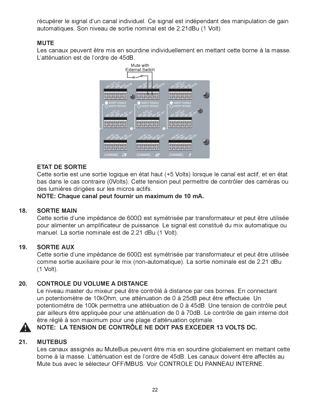 Peavey Automix2 manual Etat DE Sortie, Sortie Main, Sortie AUX, Controle DU Volume a Distance 