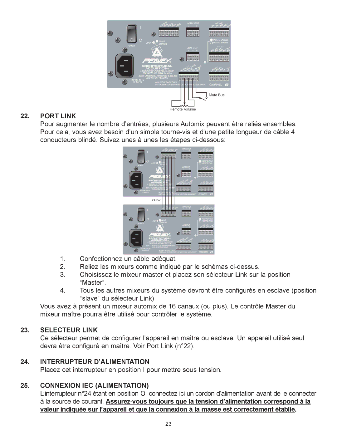 Peavey Automix2 manual Port Link, Selecteur Link, Interrupteur Dõalimentation, Connexion IEC Alimentation 