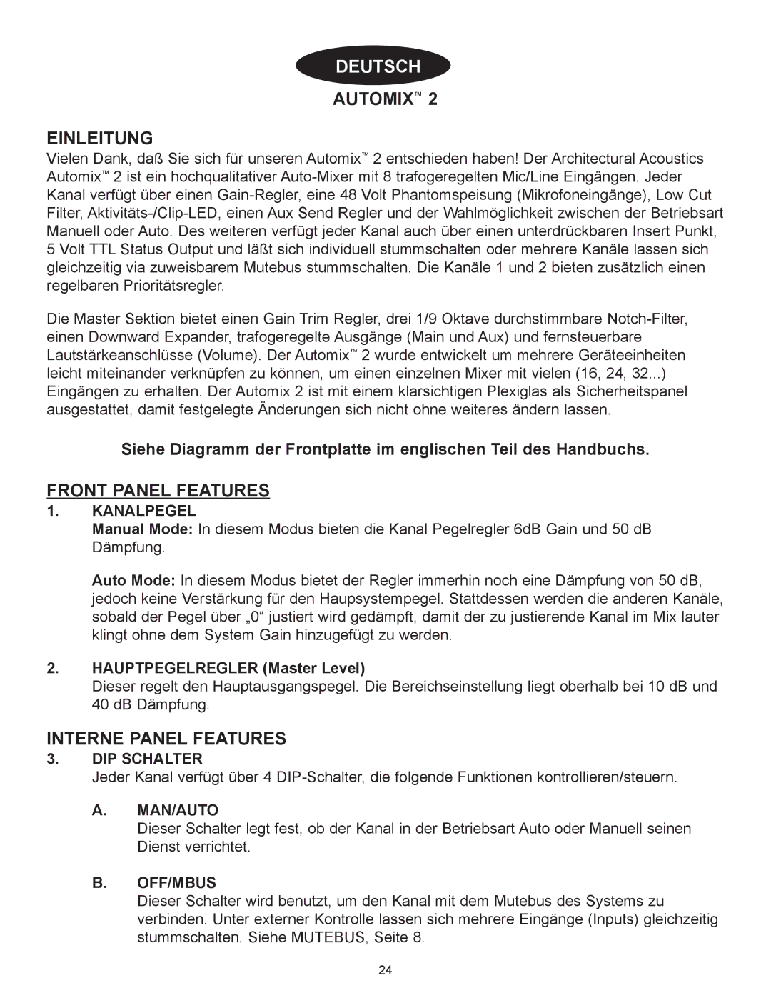 Peavey Automix2 manual Einleitung, Interne Panel Features, Kanalpegel, Hauptpegelregler Master Level, DIP Schalter 