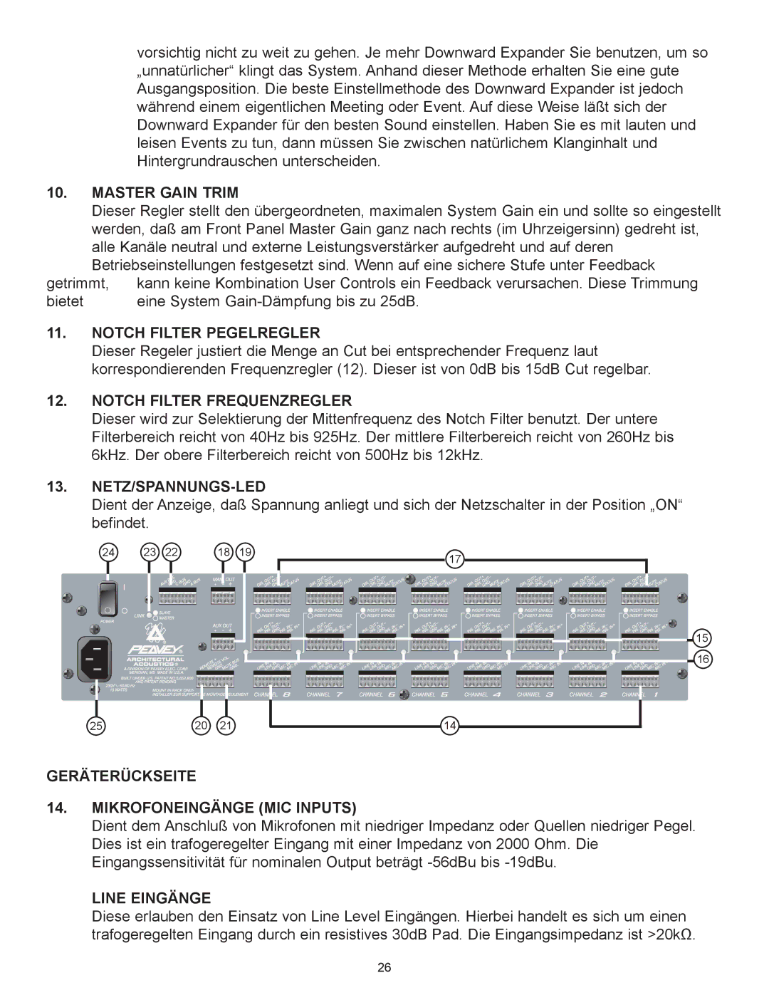 Peavey Automix2 manual Notch Filter Pegelregler, Notch Filter Frequenzregler, Netz/Spannungs-Led, Line EING€NGE 