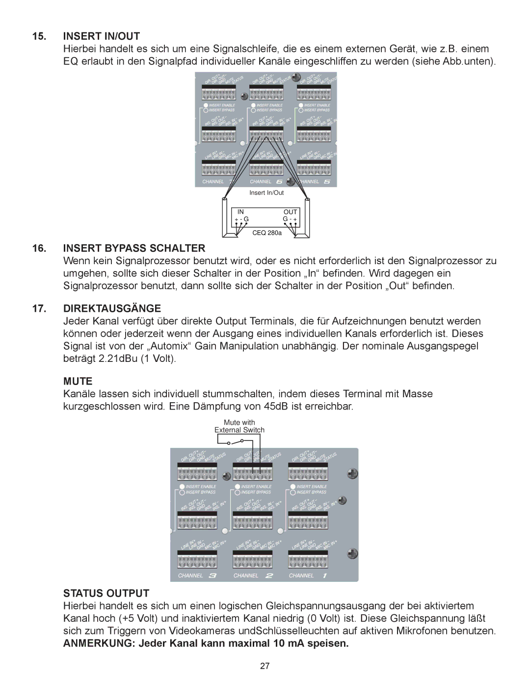Peavey Automix2 manual Insert Bypass Schalter, Direktausg€Nge, Anmerkung Jeder Kanal kann maximal 10 mA speisen 
