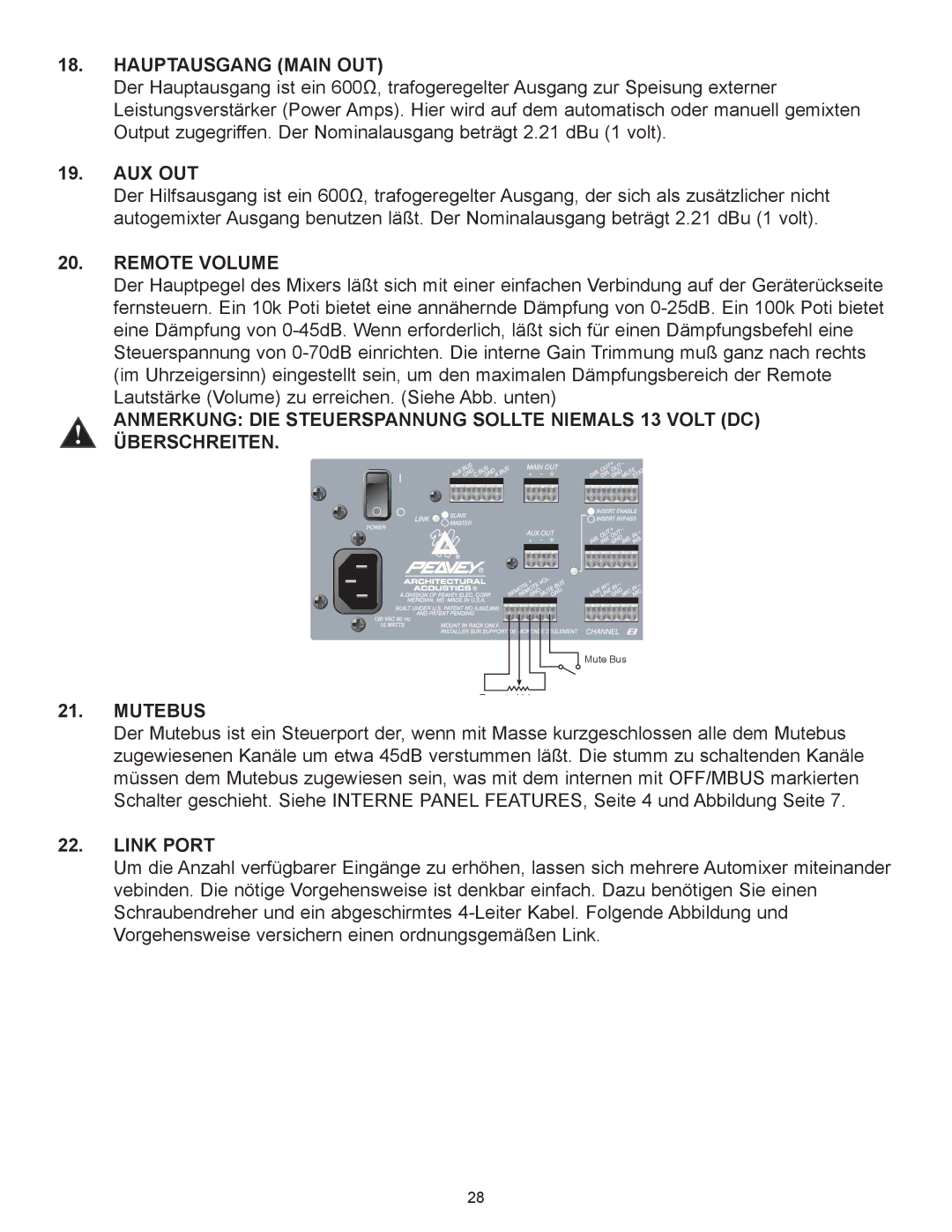 Peavey Automix2 manual Hauptausgang Main OUT, Aux Out 