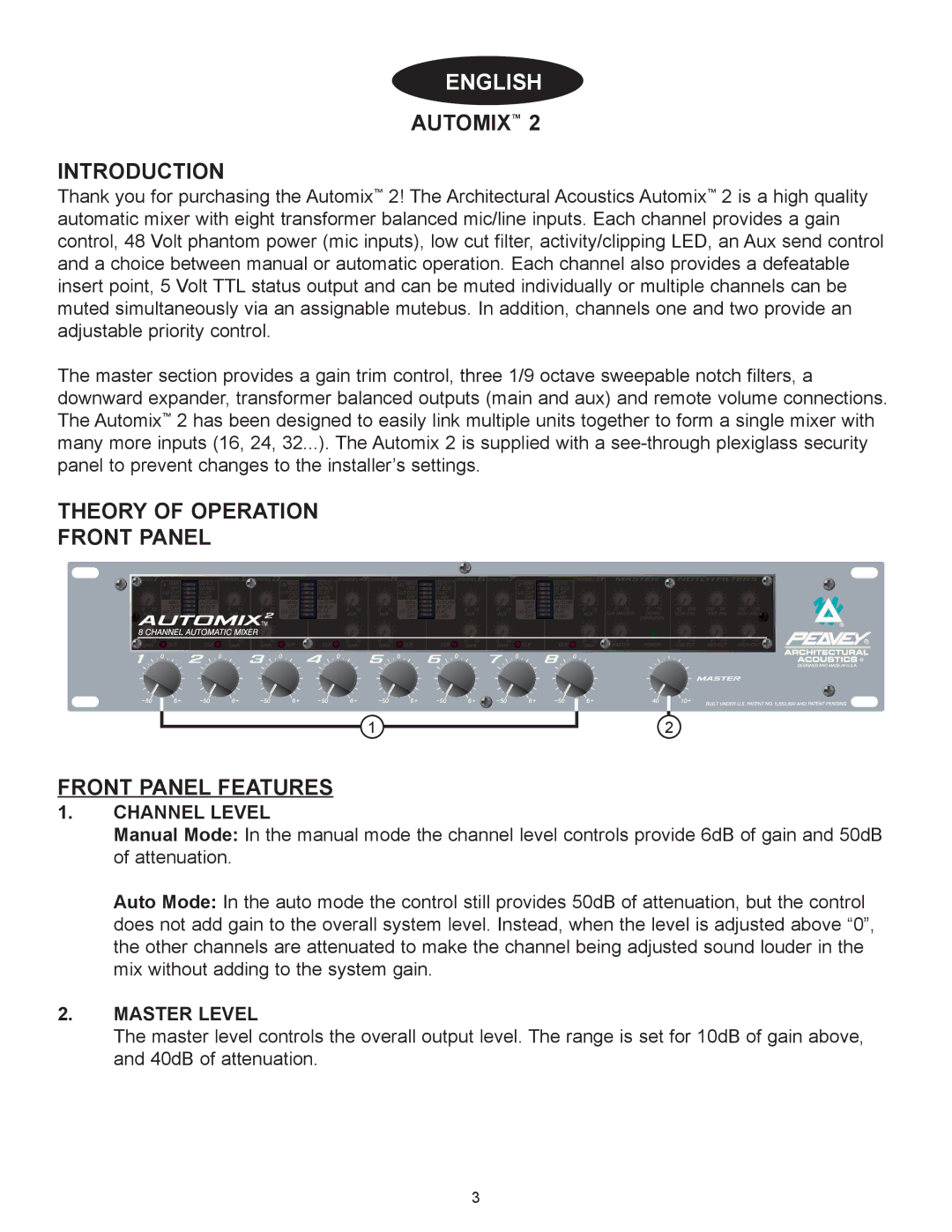 Peavey Automix2 manual Introduction, Theory of Operation Front Panel Front Panel Features, Channel Level, Master Level 