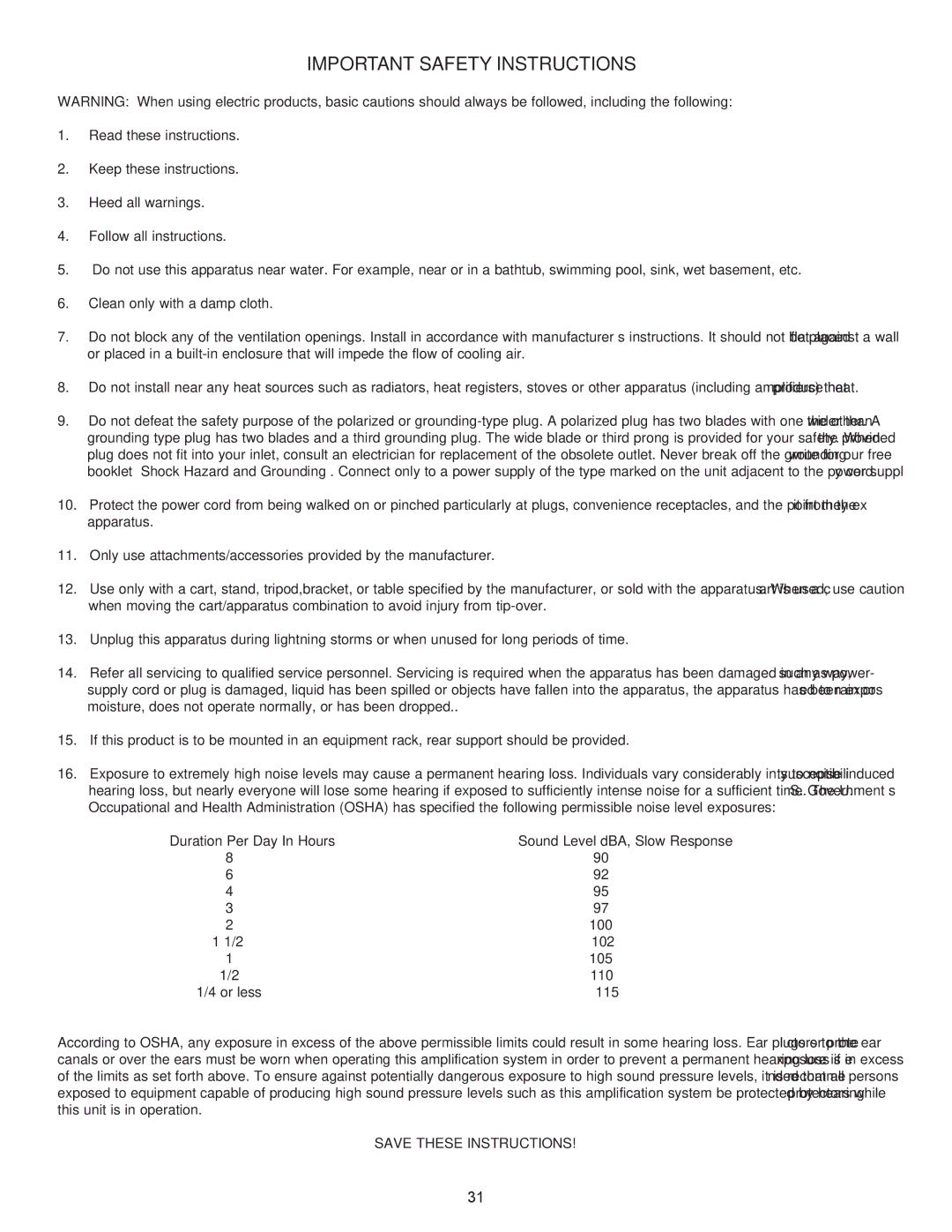 Peavey Automix2 manual Important Safety Instructions 