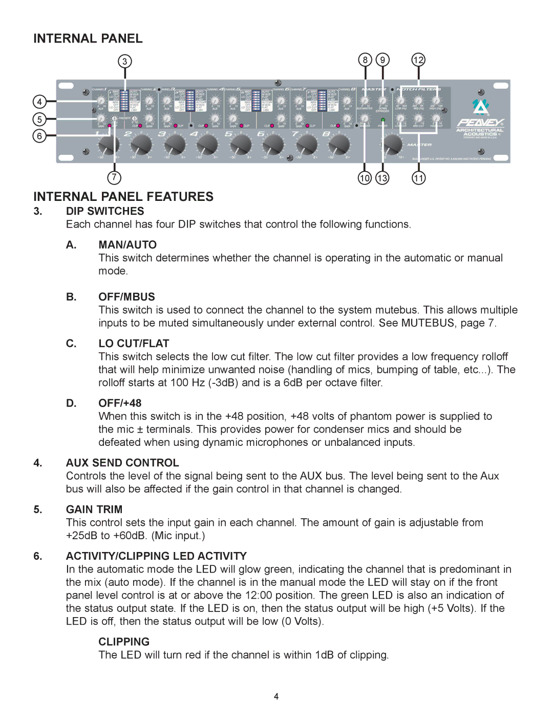 Peavey Automix2 manual Internal Panel Internal Panel Features 