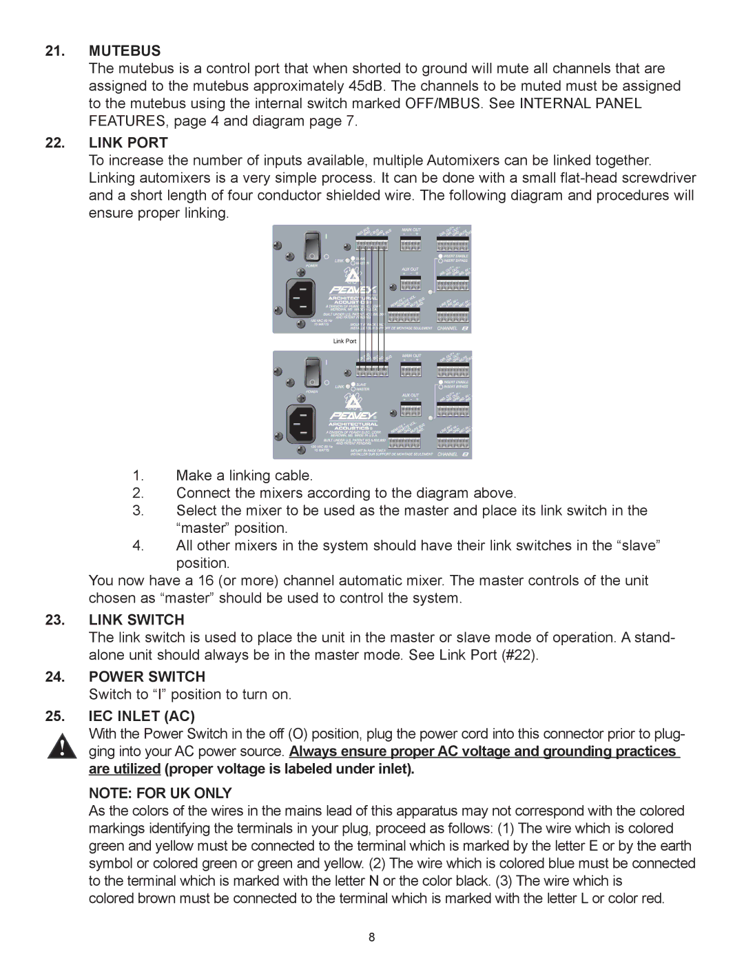 Peavey Automix2 manual Mutebus, Link Port, Link Switch, Power Switch, IEC Inlet AC 