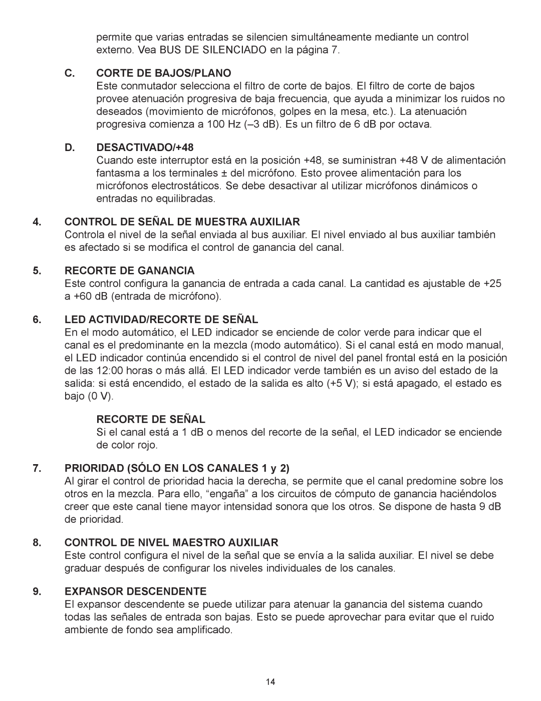 Peavey Automix2 manual C.Corte De Bajos/Plano, D.DESACTIVADO/+48, Control De Se„Al De Muestra Auxiliar, Recorte De Ganancia 