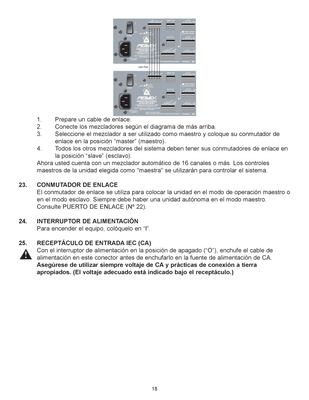 Peavey Automix2 manual Conmutador De Enlace, RECEPTçCULO DE ENTRADA IEC CA 