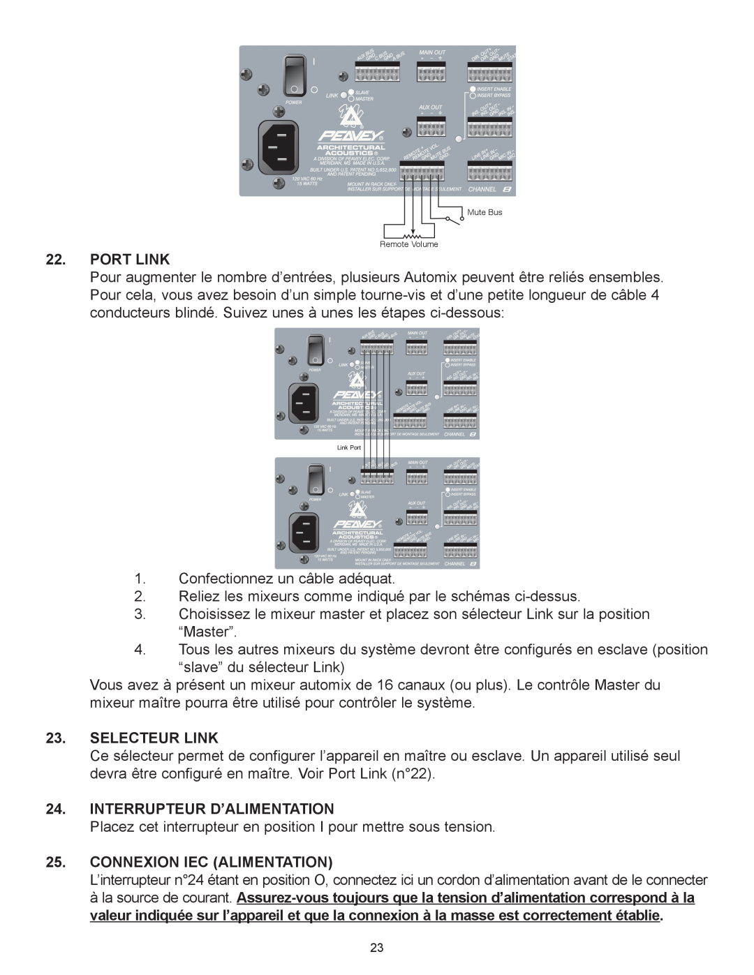 Peavey Automix2 manual Port Link, Selecteur Link, Interrupteur Dõalimentation, Connexion Iec Alimentation 