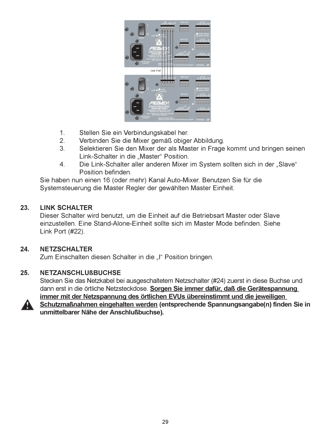 Peavey Automix2 manual Link Schalter, Netzschalter, Netzanschlu§Buchse 