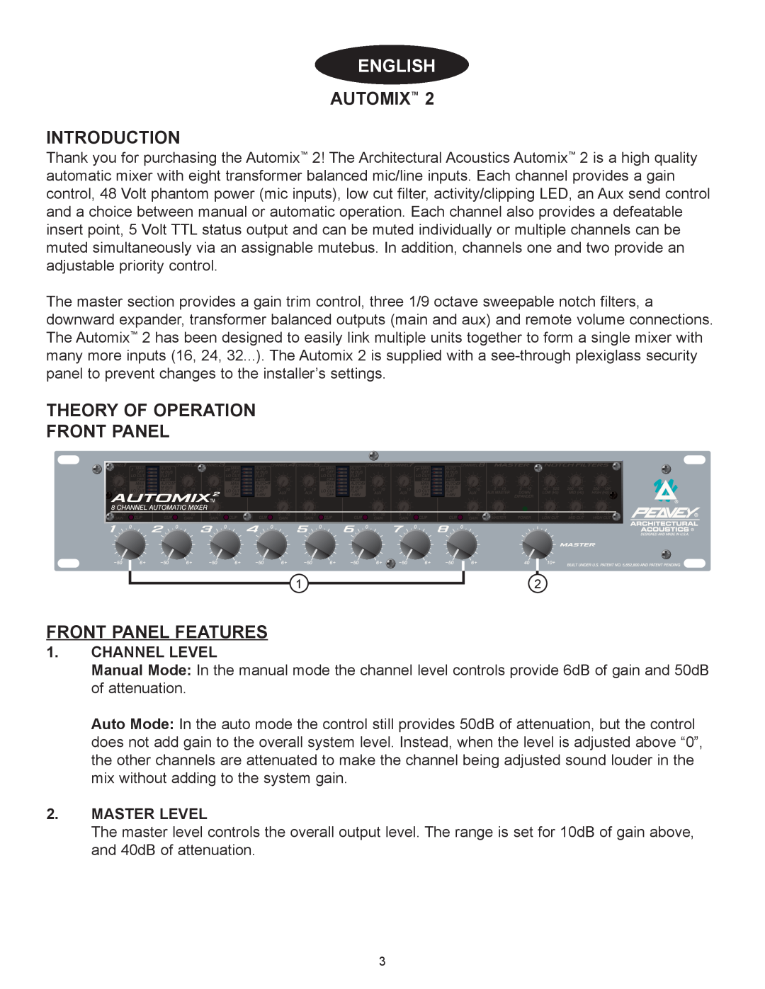 Peavey Automix2 manual English, Automixª Introduction, Theory Of Operation Front Panel, Front Panel Features, Channel Level 