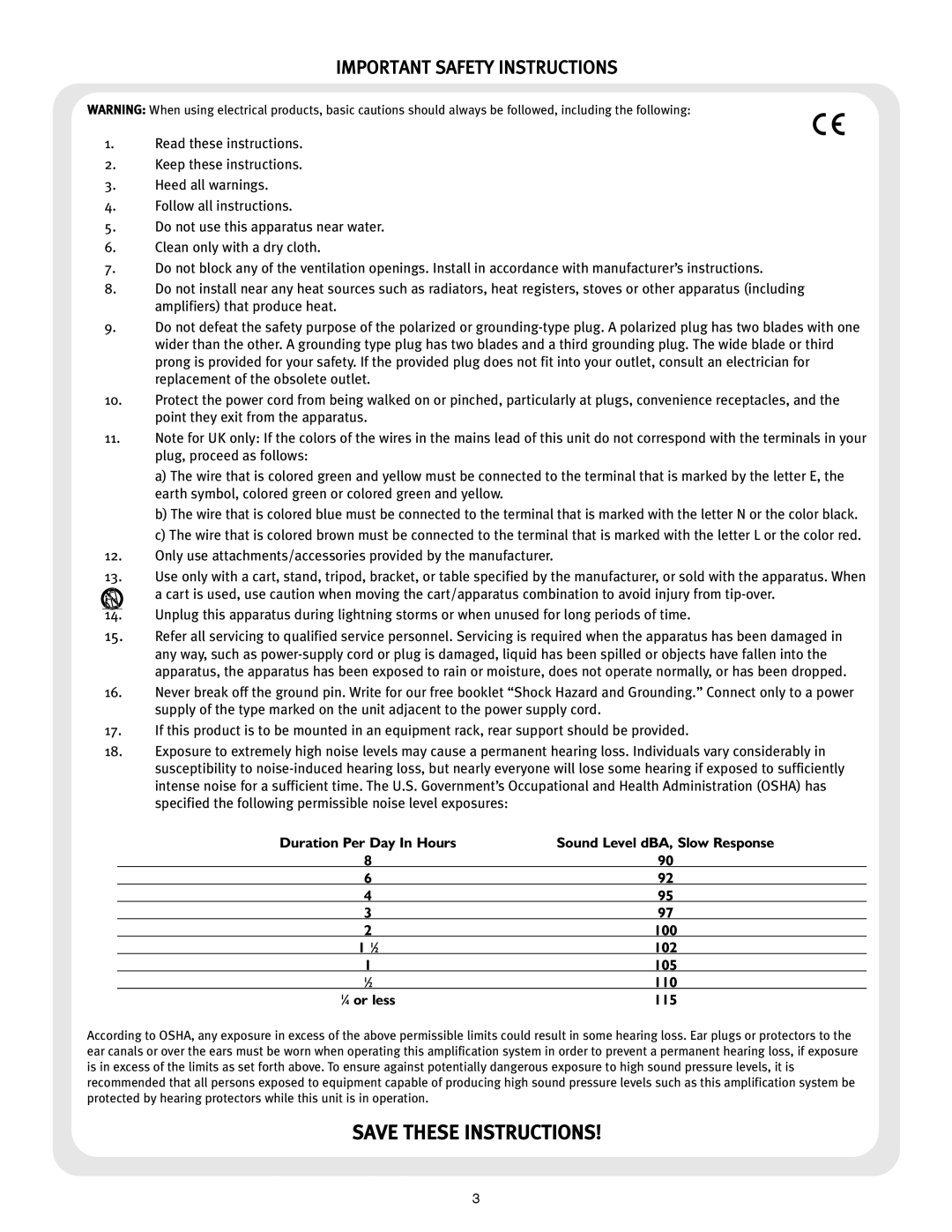 Peavey backstage owner manual Important Safety Instructions, 115 