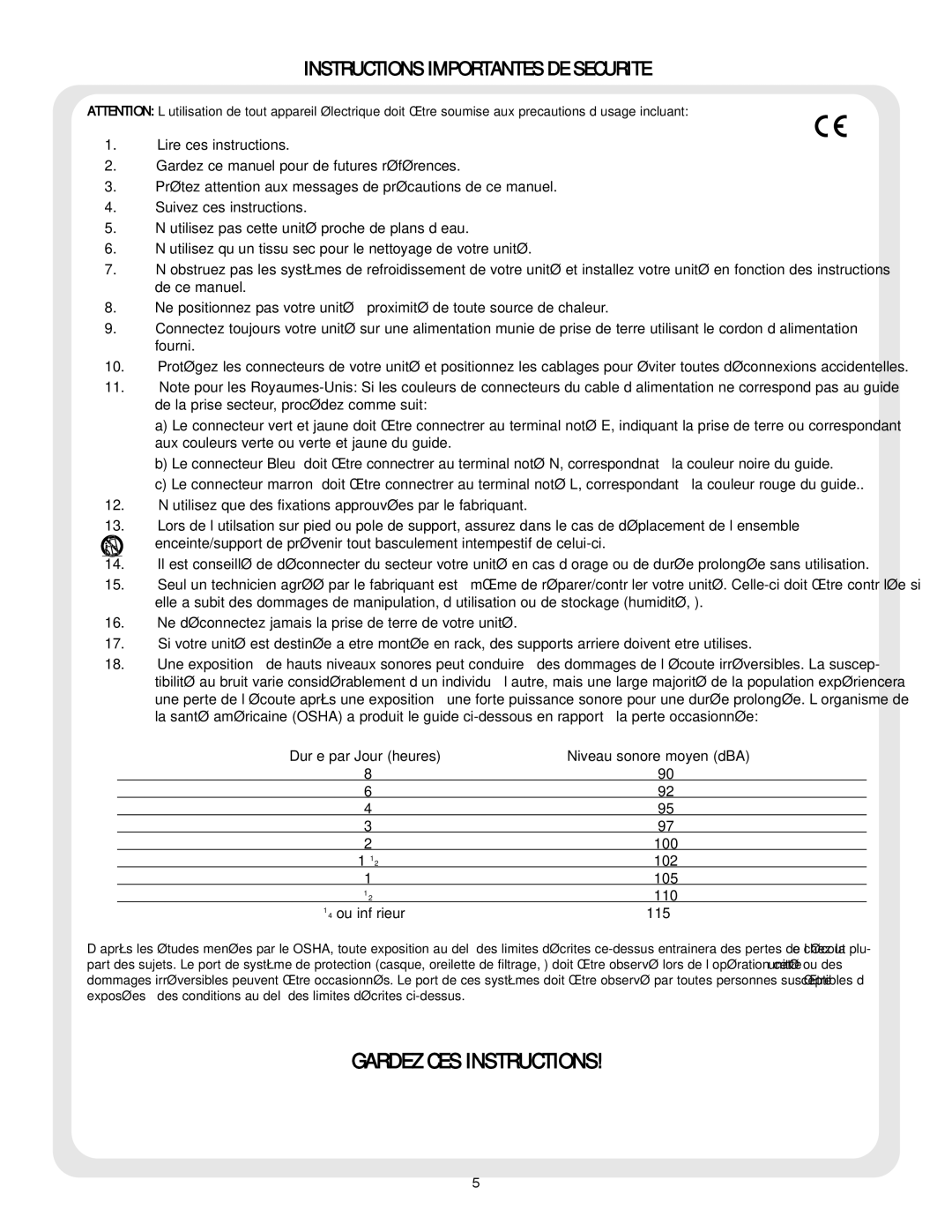 Peavey backstage owner manual Instructions Importantes DE Securite, Niveau sonore moyen dBA, ⁄ 4 ou inférieur 115 