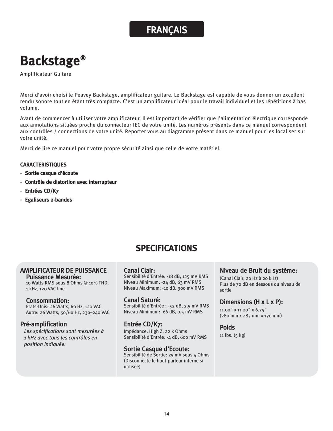 Peavey backstage owner manual Français, Backstage, Specifications 