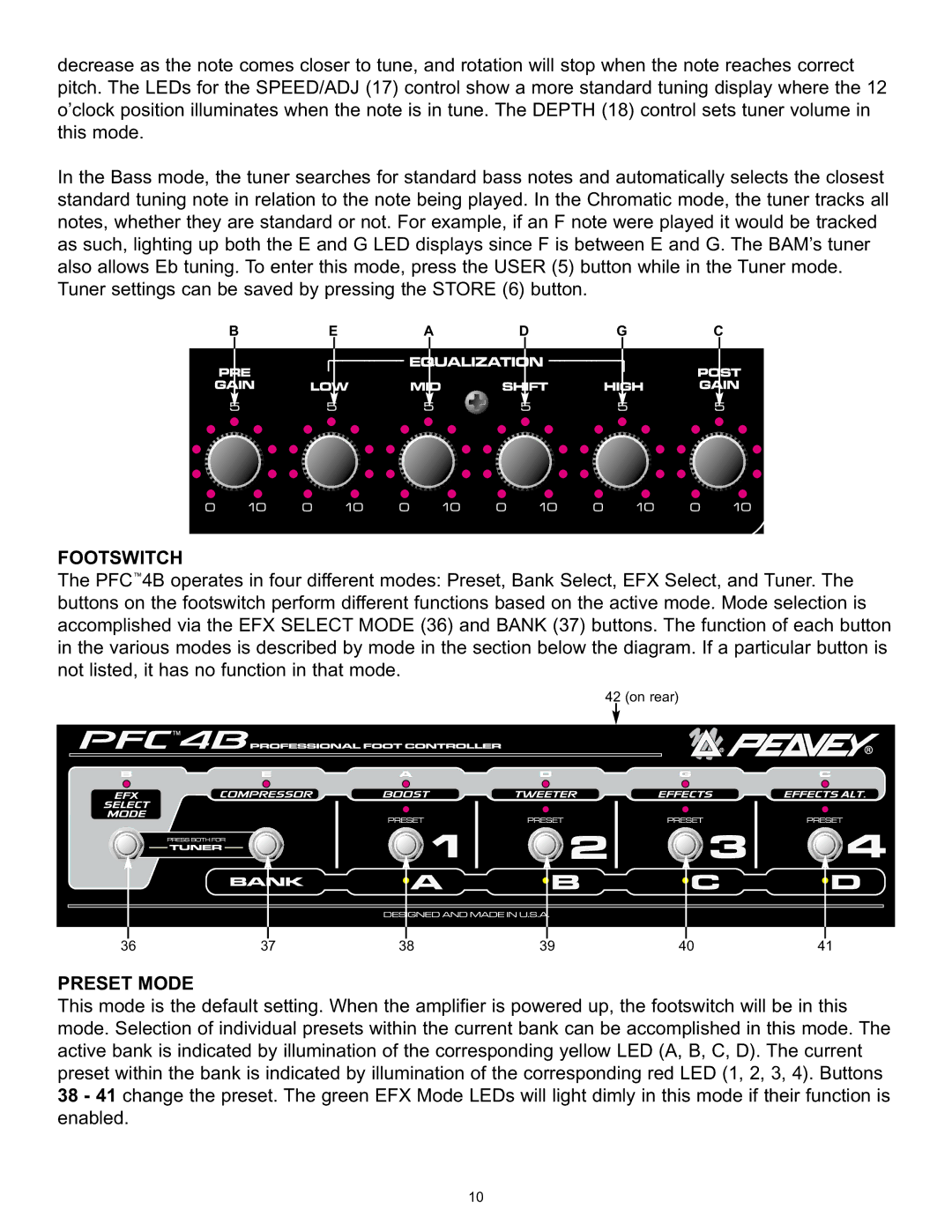 Peavey BAM 210 operation manual Footswitch, Preset Mode 