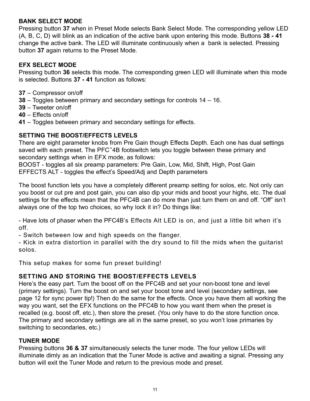 Peavey BAM 210 operation manual Bank Select Mode, EFX Select Mode, Setting the BOOST/EFFECTS Levels, Tuner Mode 