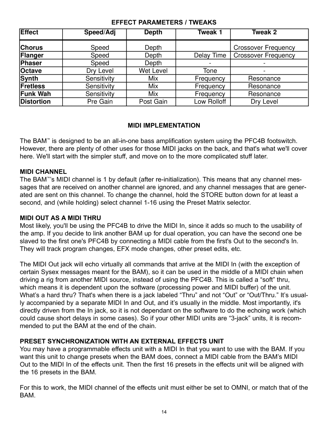 Peavey BAM 210 operation manual Effect Parameters / Tweaks, Midi Implementation, Midi Channel, Midi OUT AS a Midi Thru 