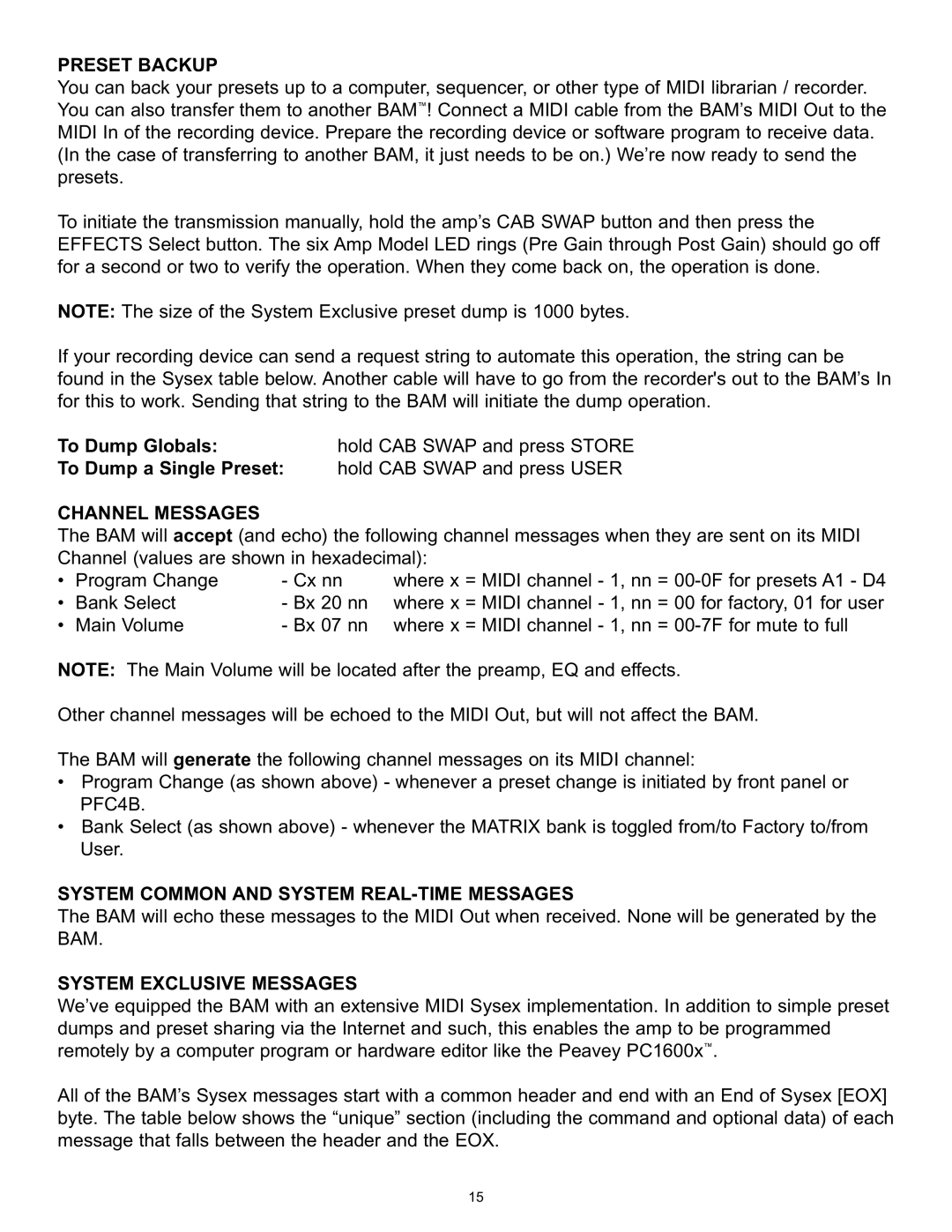 Peavey BAM 210 Preset Backup, Channel Messages, System Common and System REAL-TIME Messages, System Exclusive Messages 