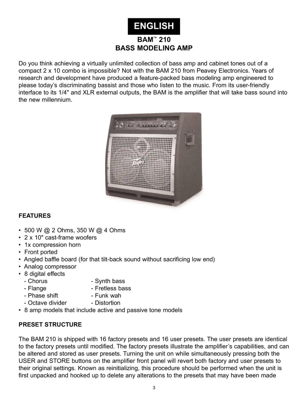 Peavey BAM 210 operation manual Bass Modeling AMP, Features, Preset Structure 