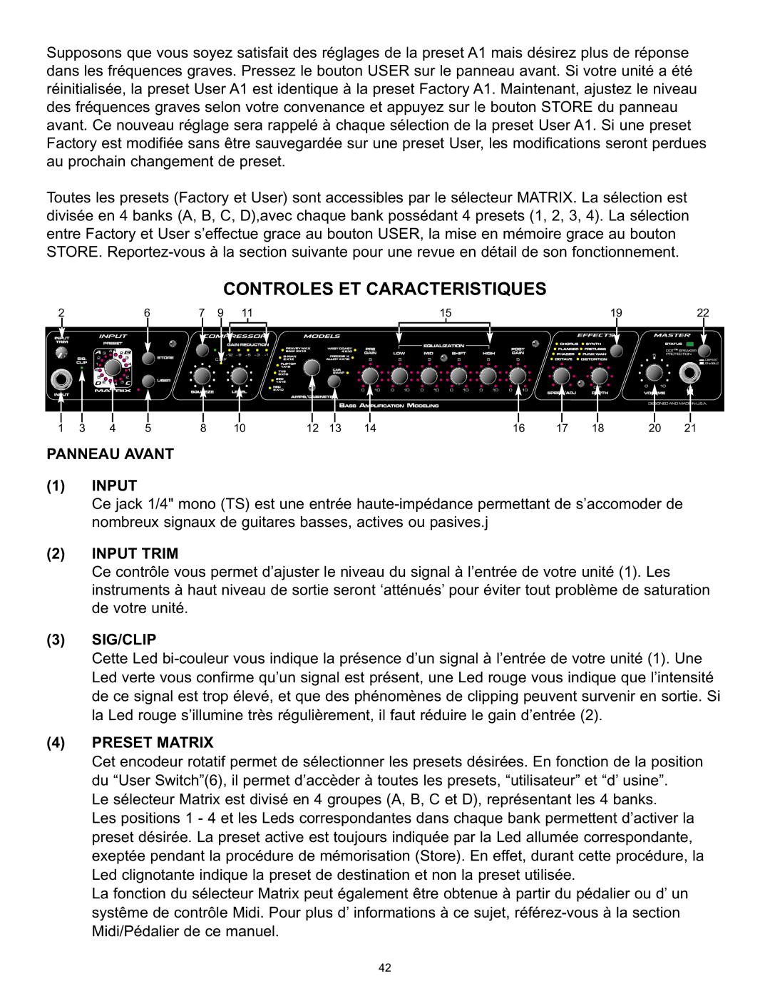 Peavey BAM 210 operation manual Controles ET Caracteristiques, Panneau Avant Input 