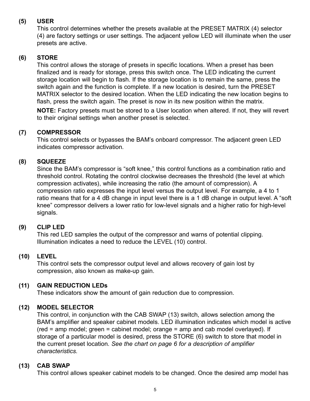 Peavey BAM 210 operation manual Store, Compressor, Squeeze, Clip LED, Model Selector, CAB Swap 
