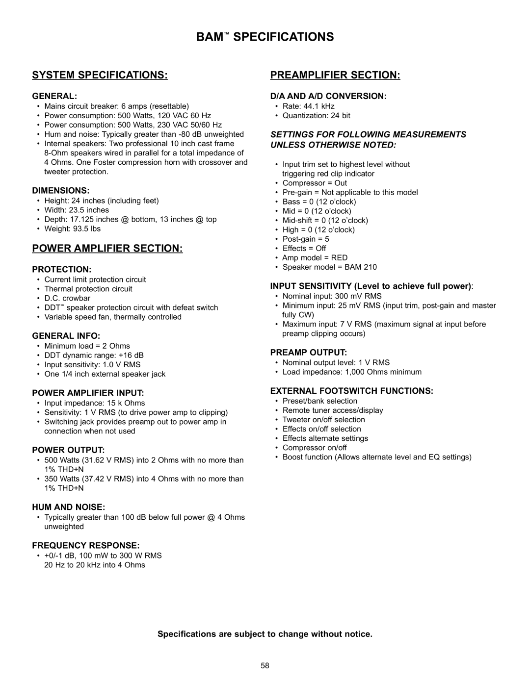 Peavey BAM 210 operation manual BAM Specifications 