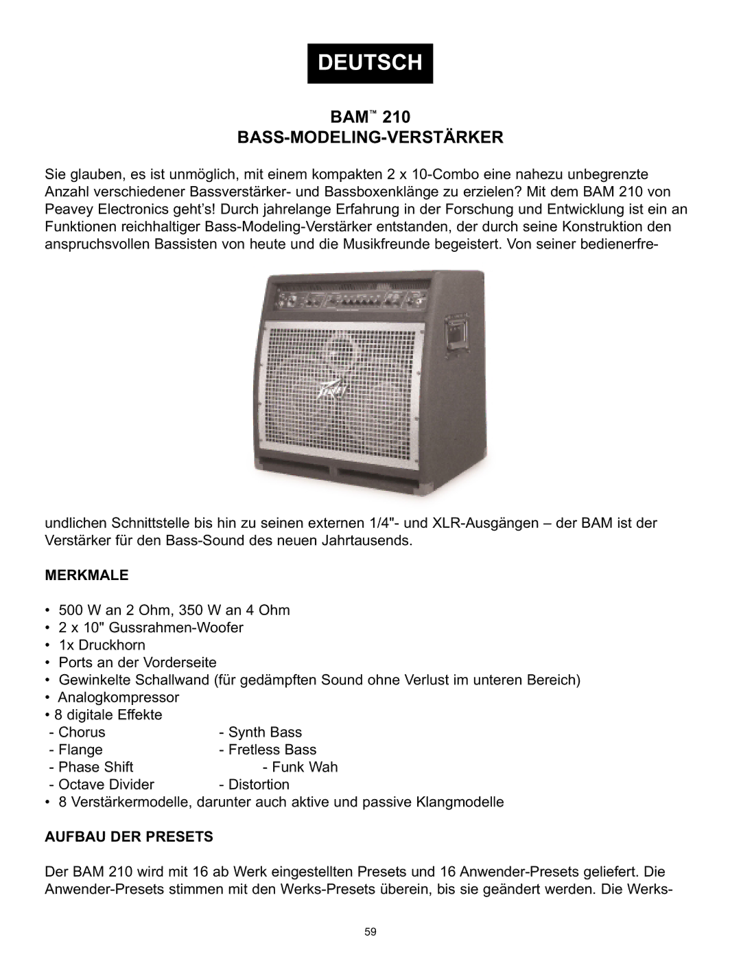 Peavey BAM 210 operation manual Bass-Modeling-Verstärker, Merkmale, Aufbau DER Presets 