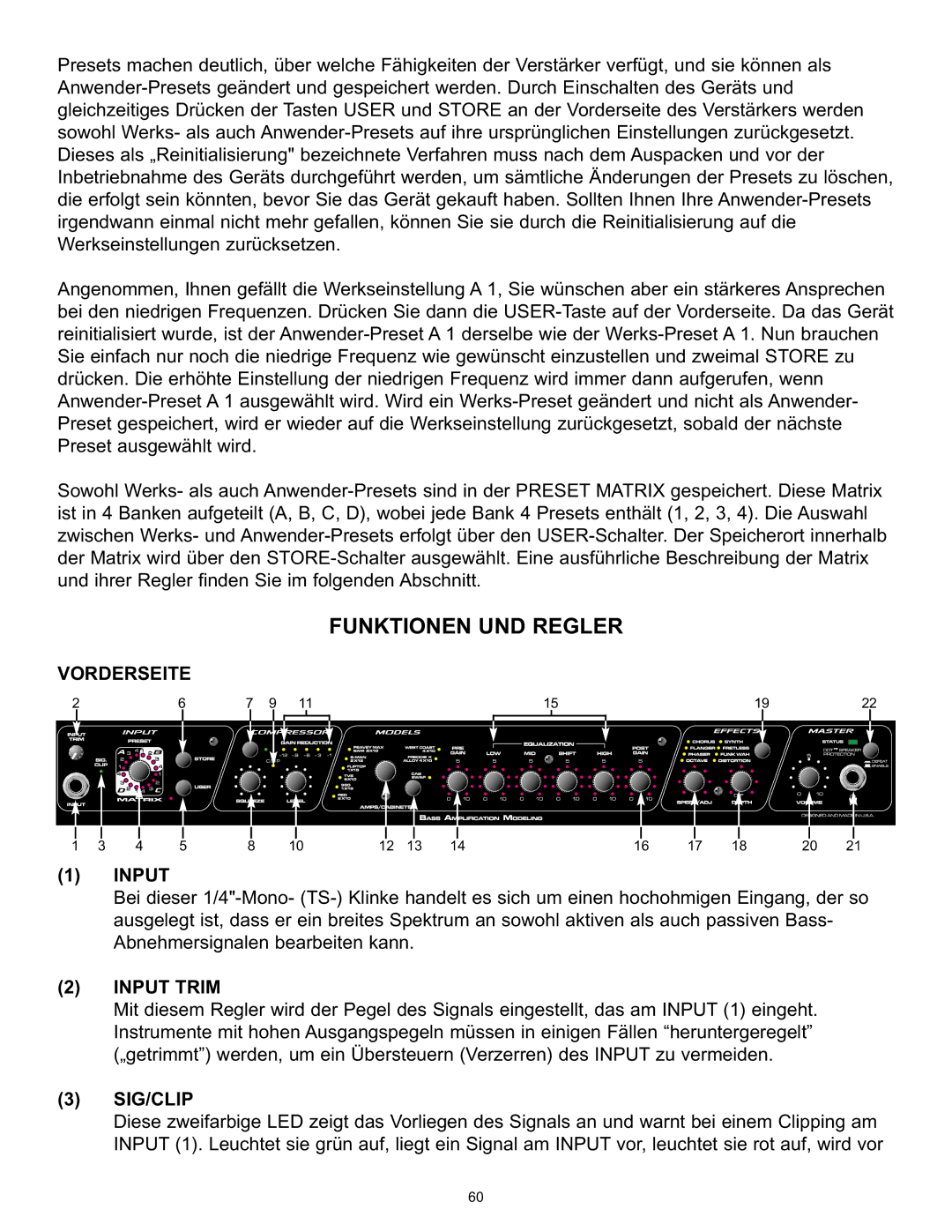 Peavey BAM 210 operation manual Funktionen UND Regler, Vorderseite Input 