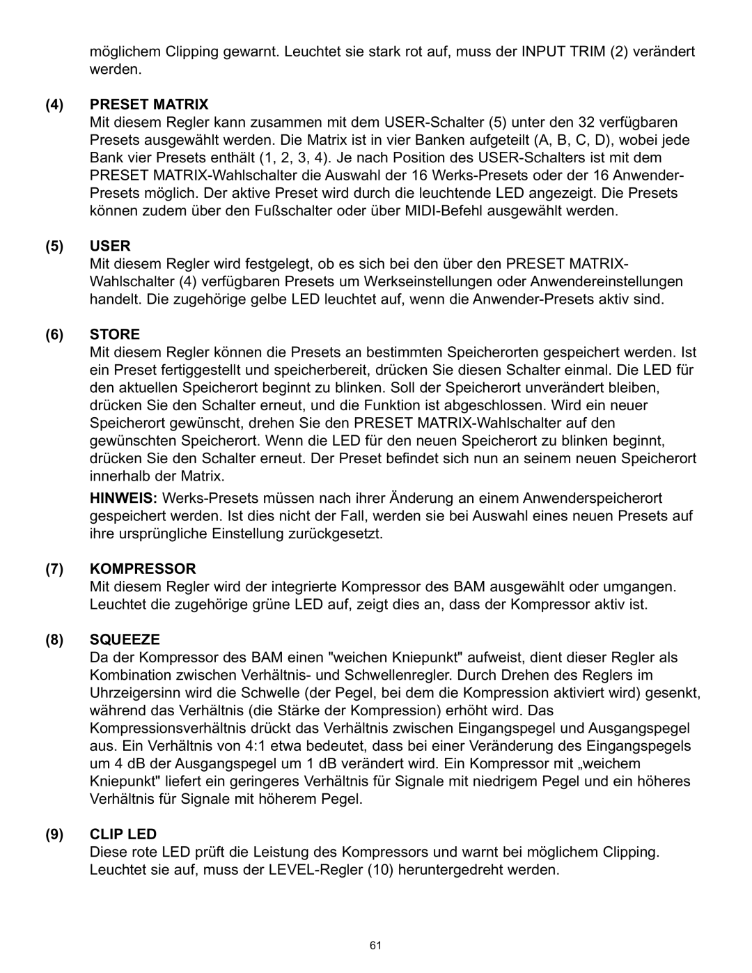 Peavey BAM 210 operation manual Preset Matrix, Kompressor 