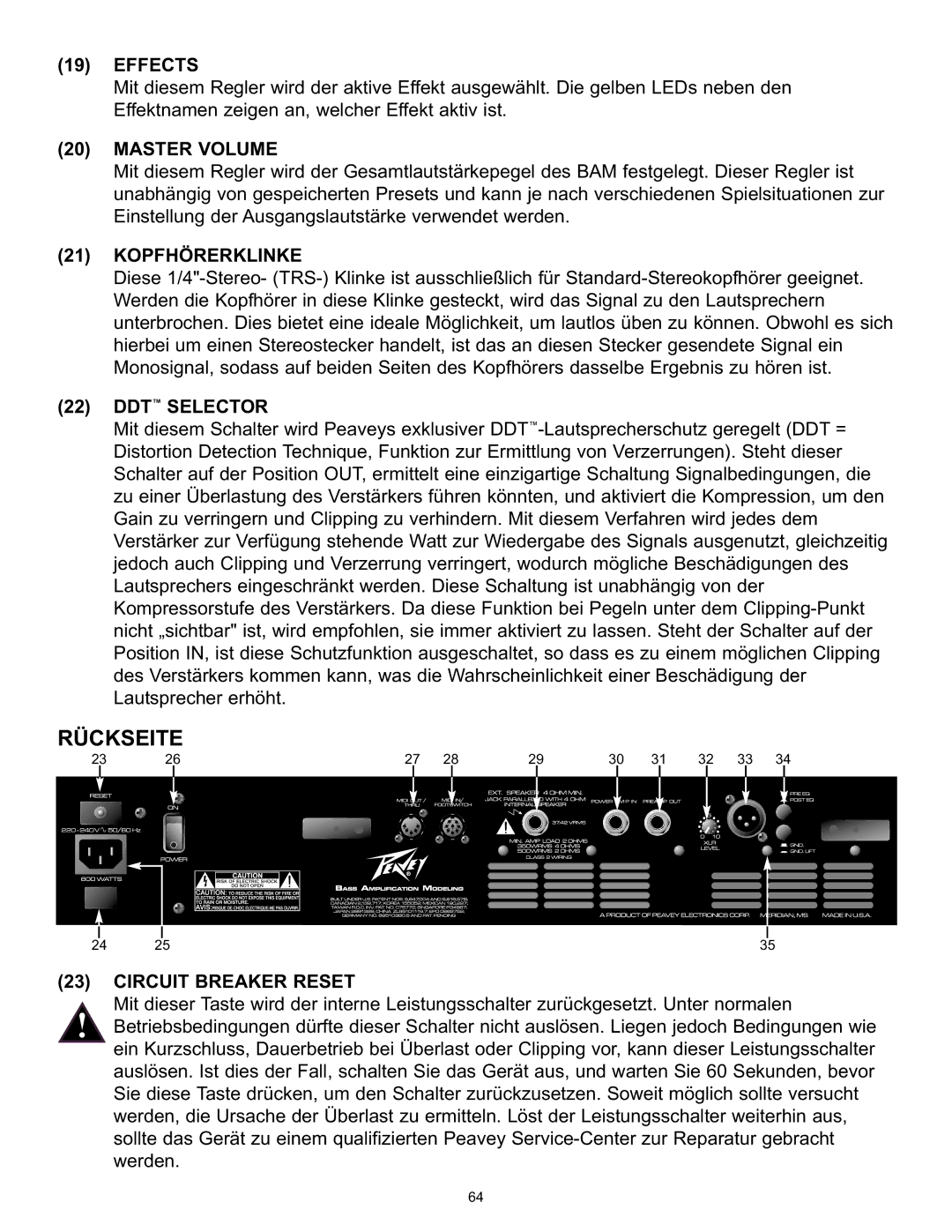 Peavey BAM 210 operation manual Rückseite, Kopfhörerklinke 