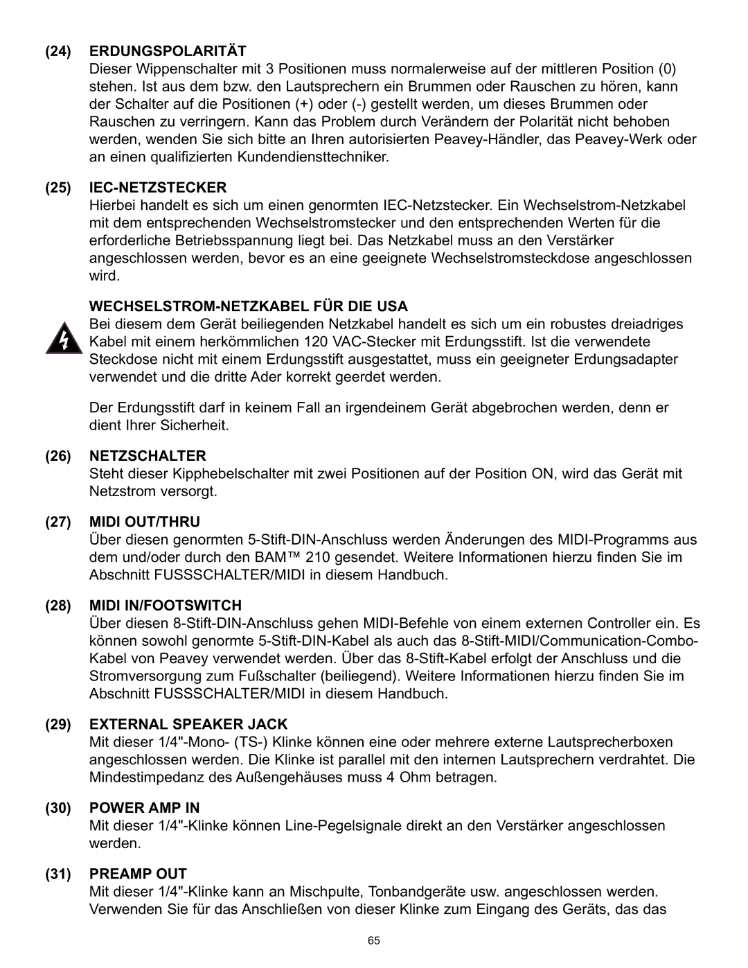 Peavey BAM 210 Erdungspolarität, Iec-Netzstecker, Wechselstrom-Netzkabel Für Die Usa, Netzschalter, Midi IN/FOOTSWITCH 