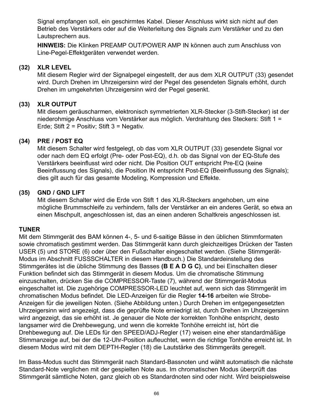 Peavey BAM 210 operation manual XLR Level 