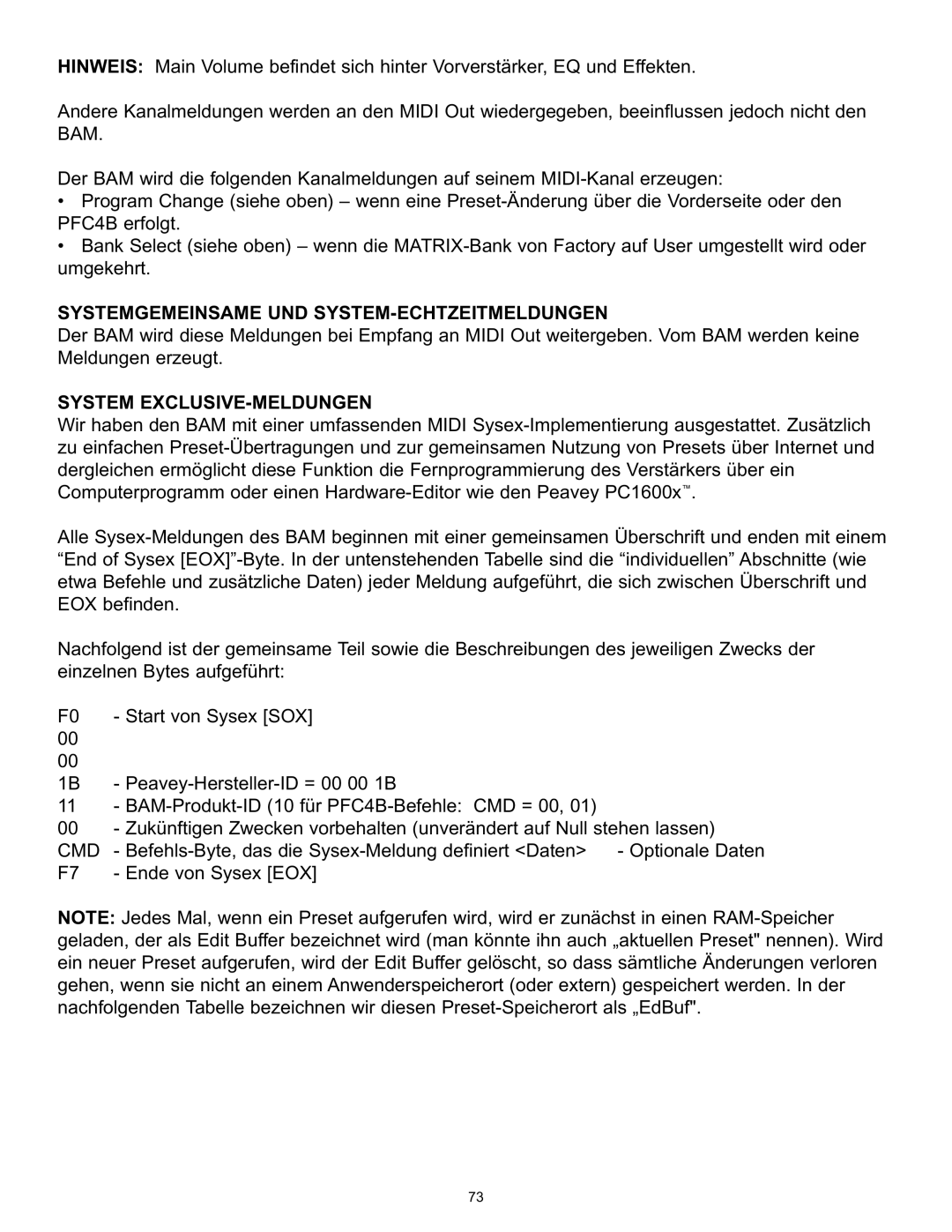 Peavey BAM 210 operation manual Systemgemeinsame UND SYSTEM-ECHTZEITMELDUNGEN, System EXCLUSIVE-MELDUNGEN 