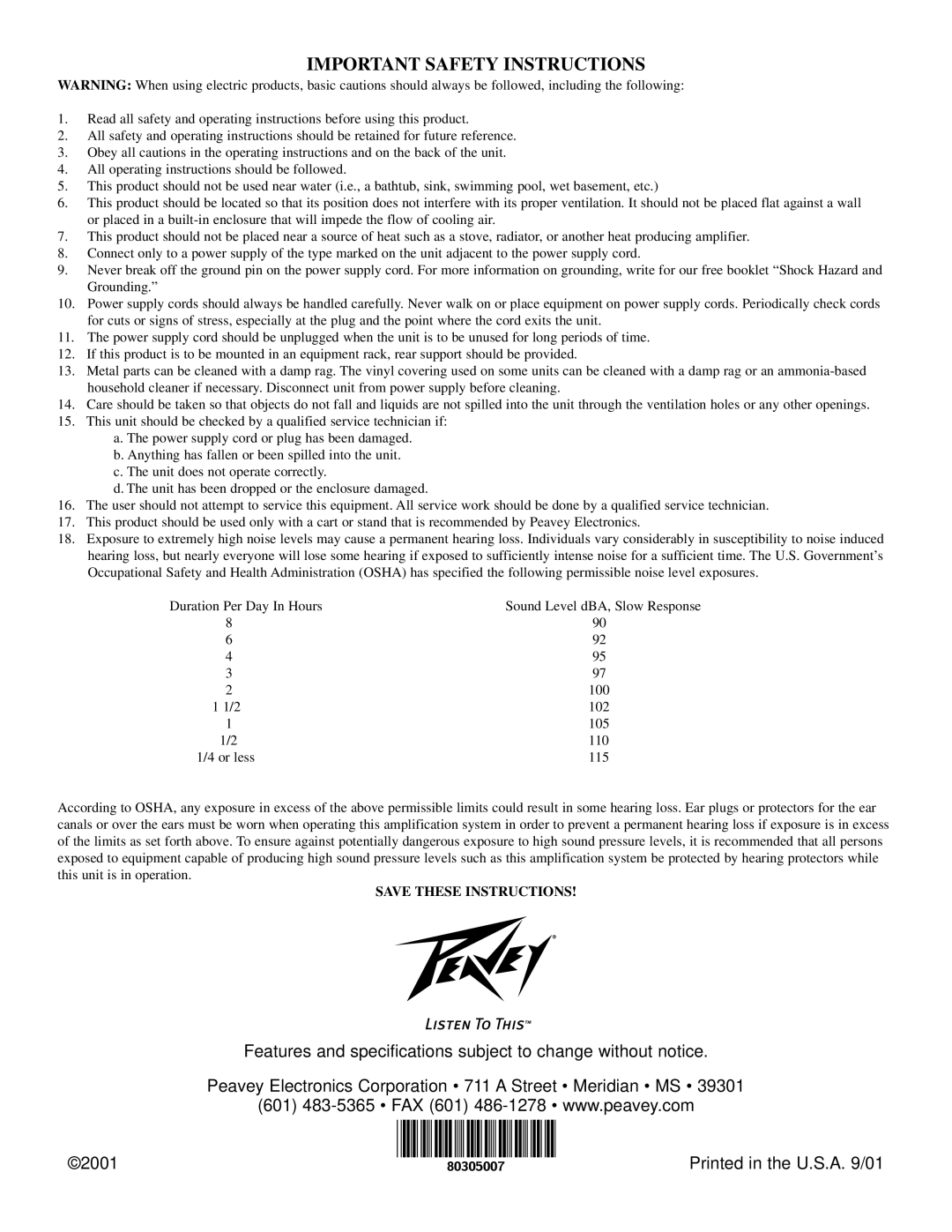 Peavey BAM 210 operation manual Important Safety Instructions 