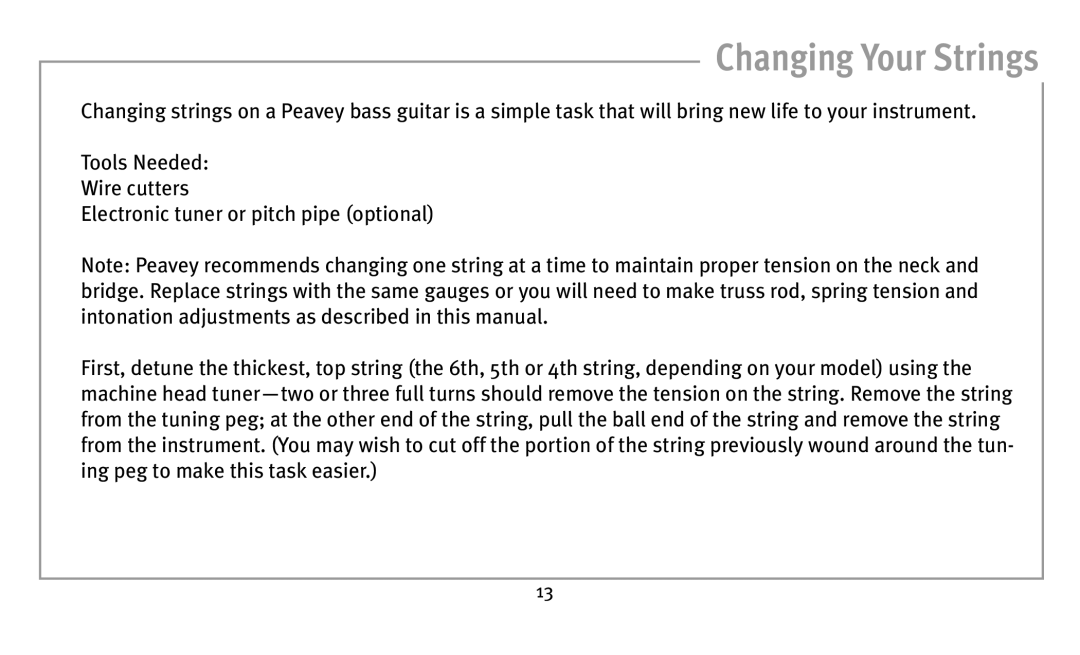 Peavey Bass owner manual Changing Your Strings 