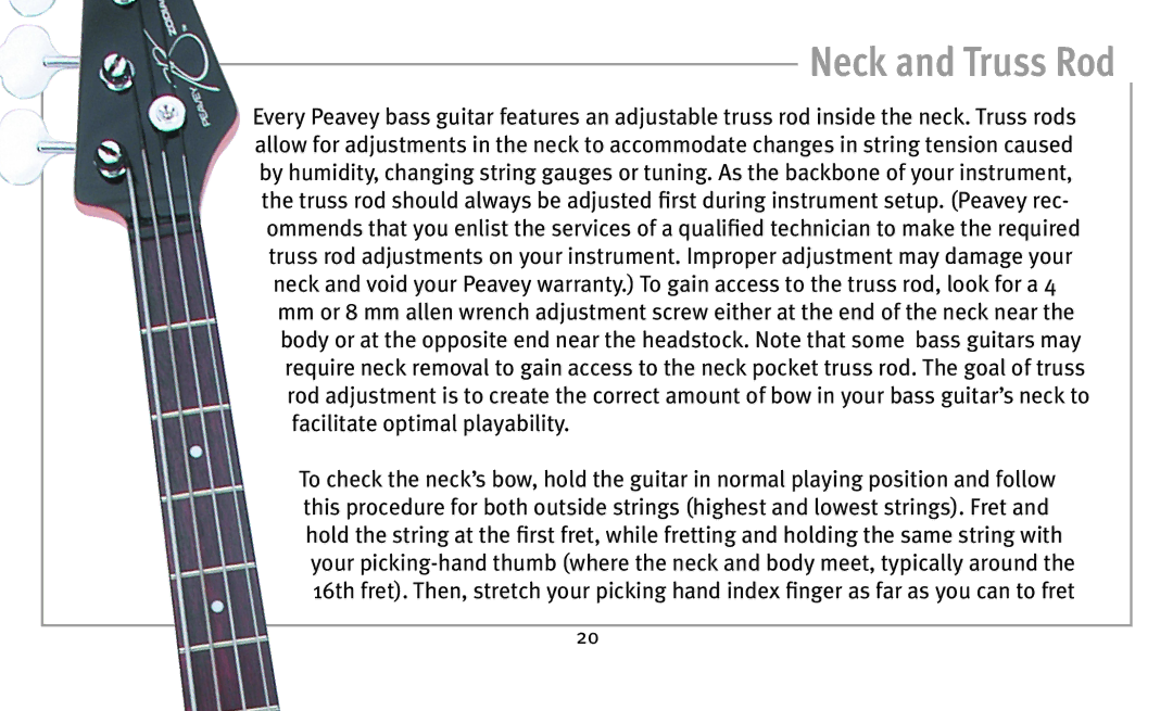 Peavey Bass owner manual Neck and Truss Rod, Facilitate optimal playability 