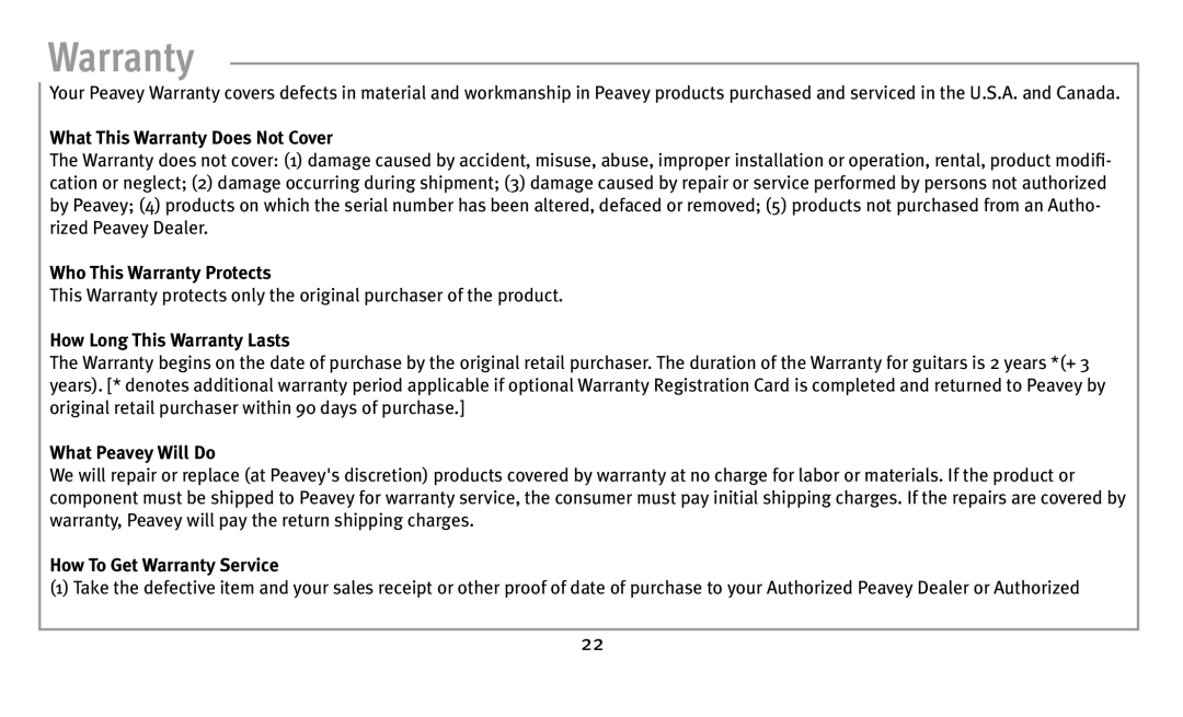 Peavey Bass owner manual What This Warranty Does Not Cover 