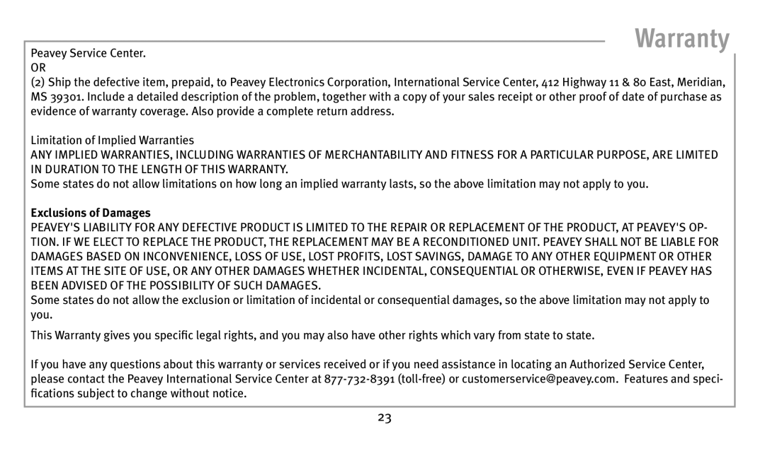 Peavey Bass owner manual Exclusions of Damages 