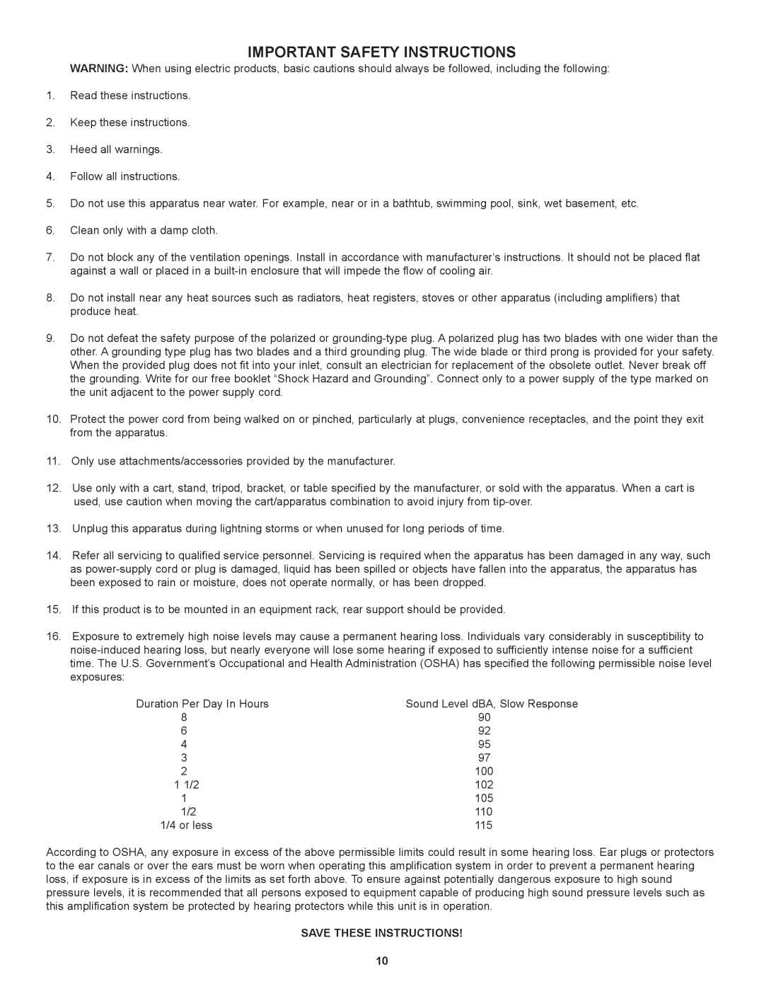 Peavey CA-A800B, CA-A540B manual Important Safety Instructions 