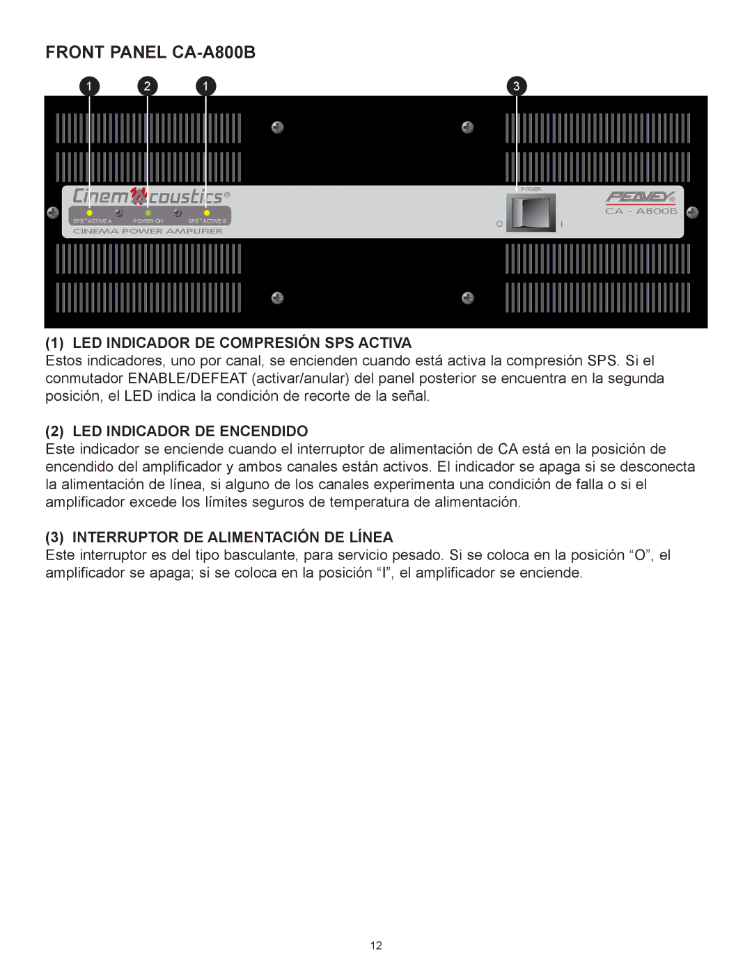 Peavey CA-A800B LED Indicador DE COMPRESIîN SPS Activa, LED Indicador DE Encendido, Interruptor DE ALIMENTACIîN DE LêNEA 