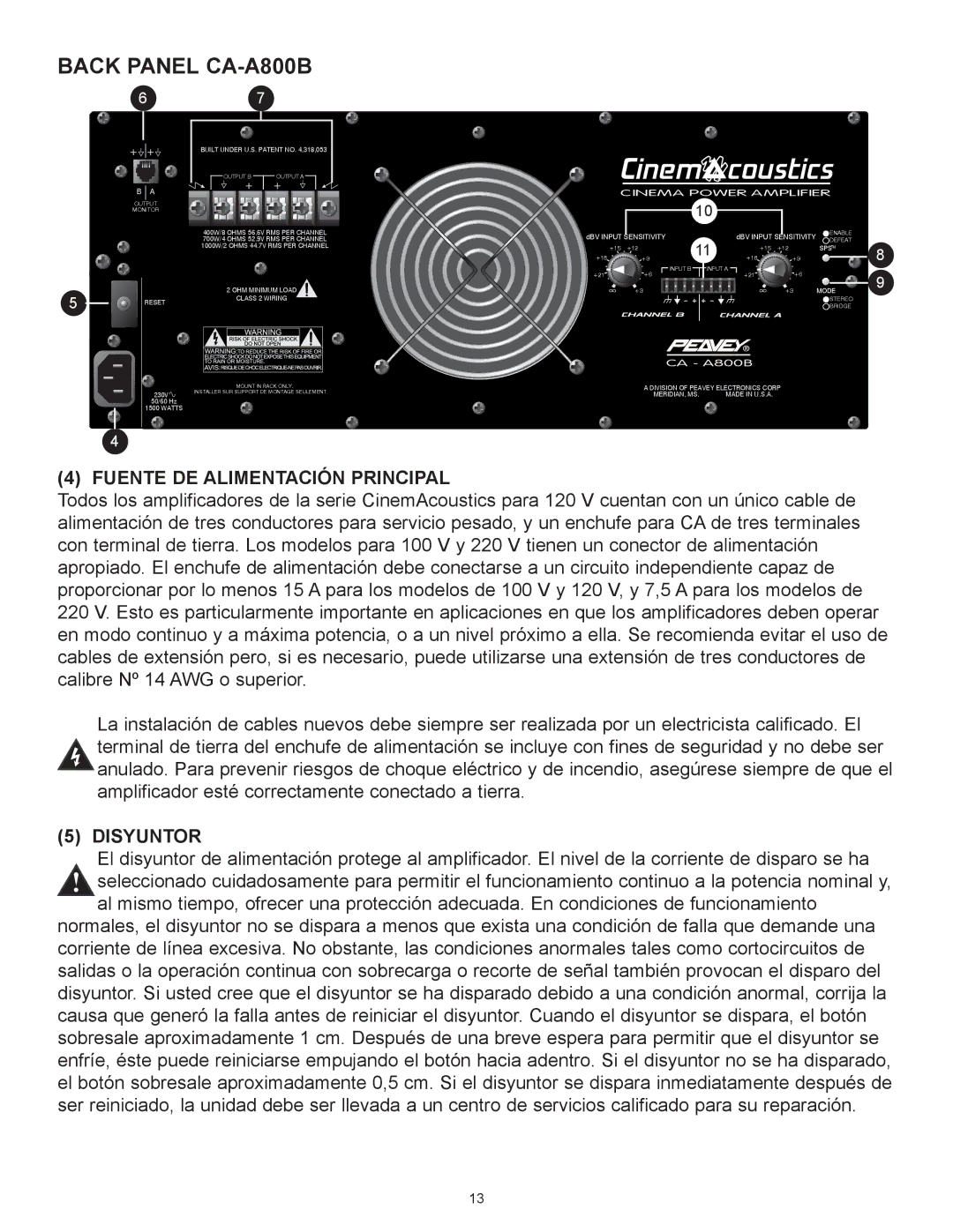 Peavey CA-A540B, CA-A800B manual Fuente DE ALIMENTACIîN Principal, Disyuntor 