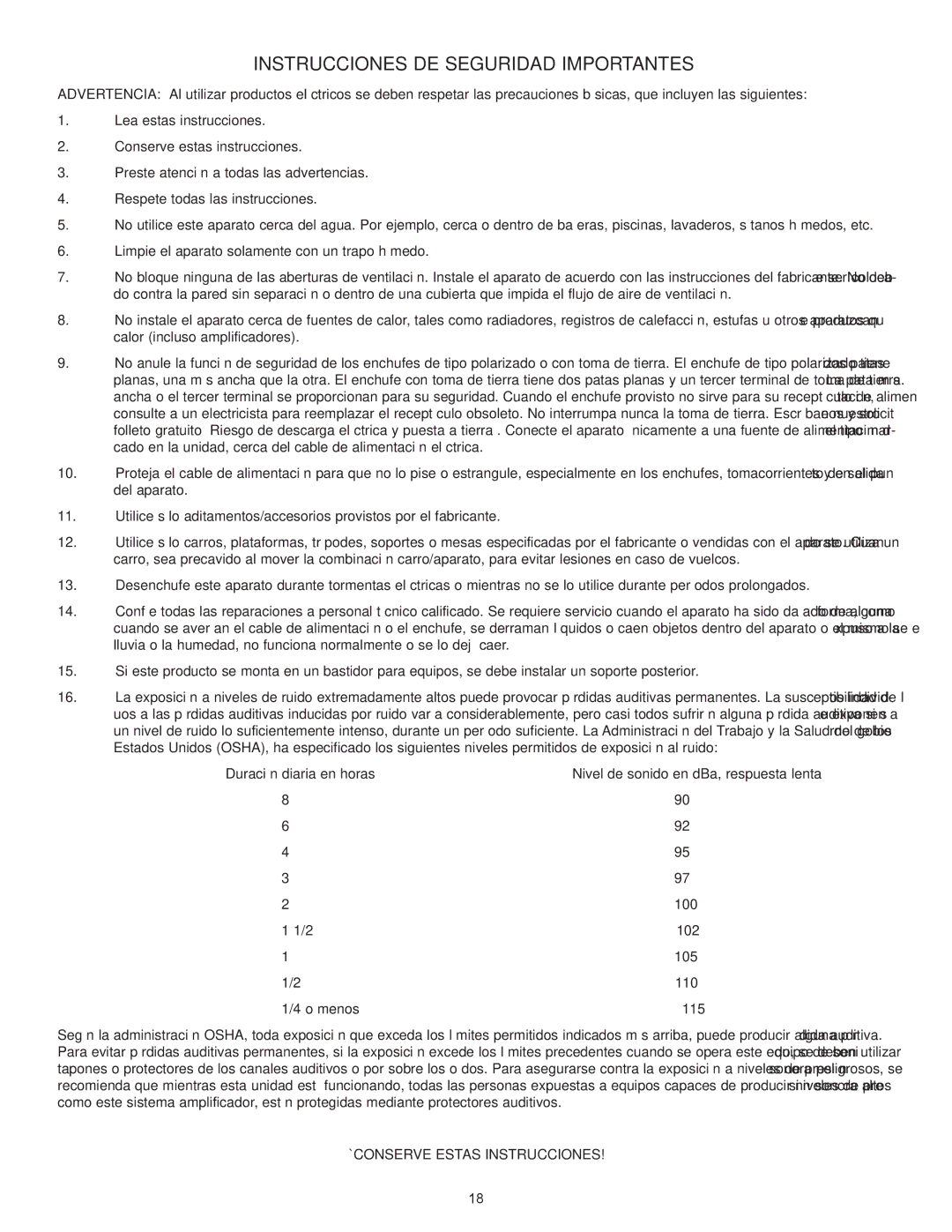 Peavey CA-A800B, CA-A540B manual Instrucciones DE Seguridad Importantes 